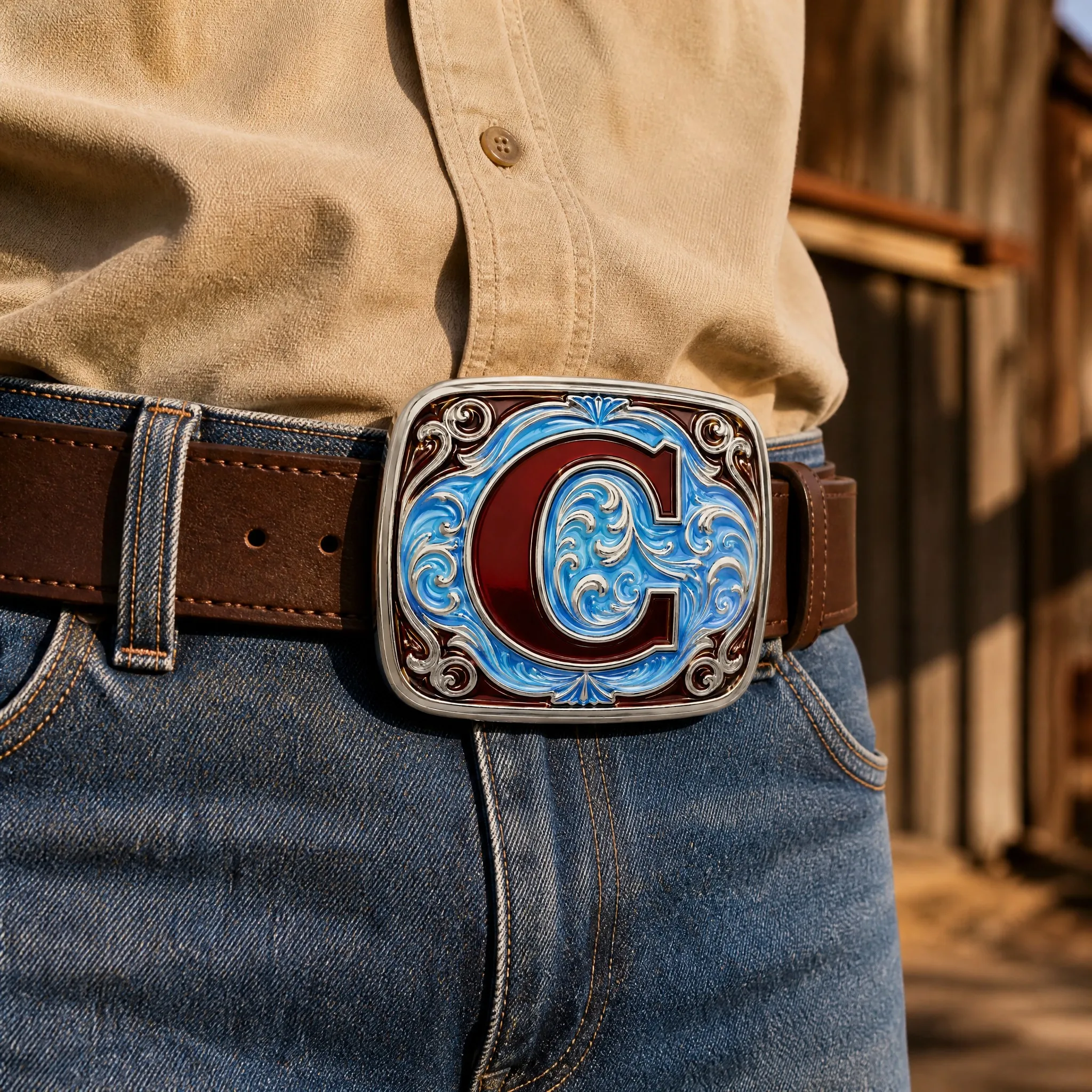 Initial letter belt buckle on leather belt - Lifestyle