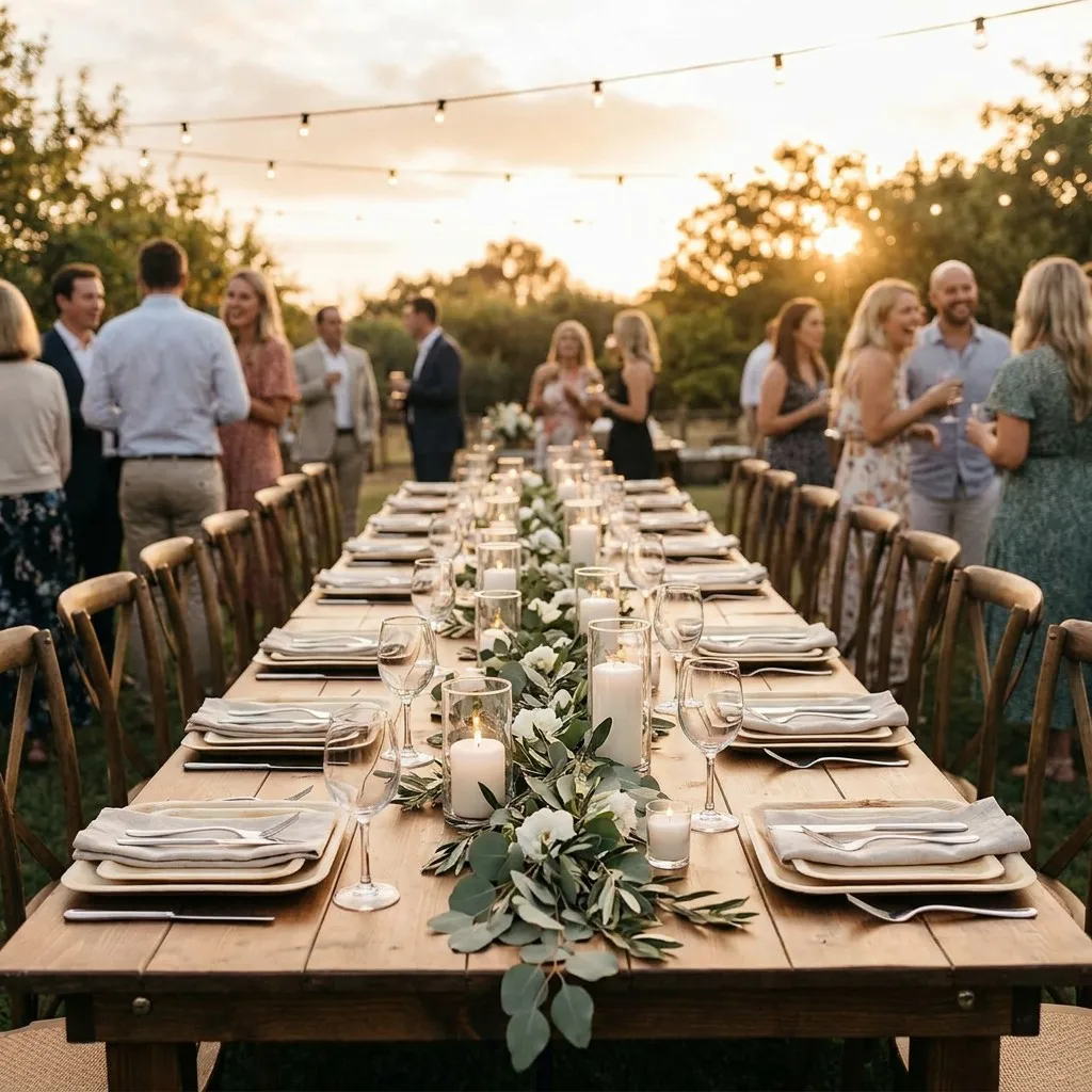 Outdoor dinner party table with square disposable bamboo plates candles greenery and wine glasses sunset