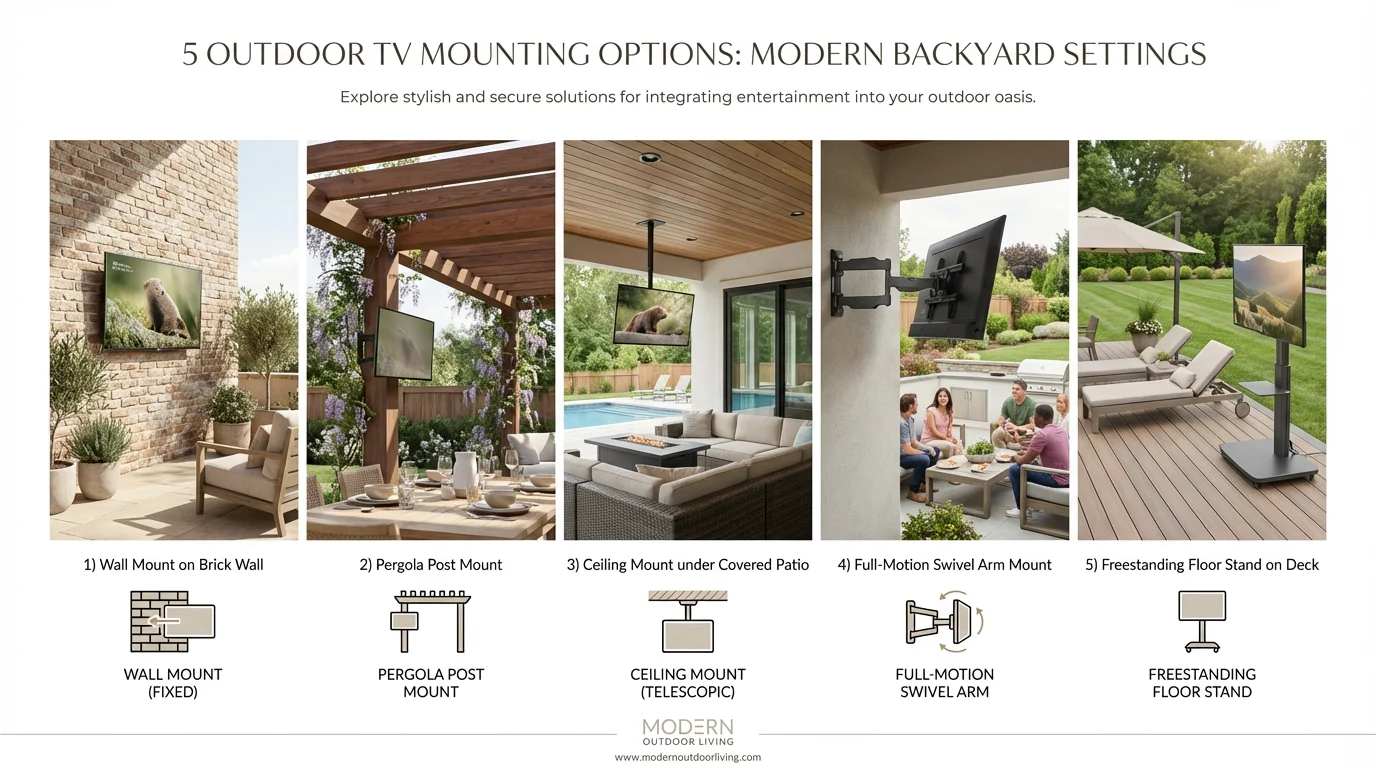 Five outdoor TV mounting options illustrated for backyard and patio setups