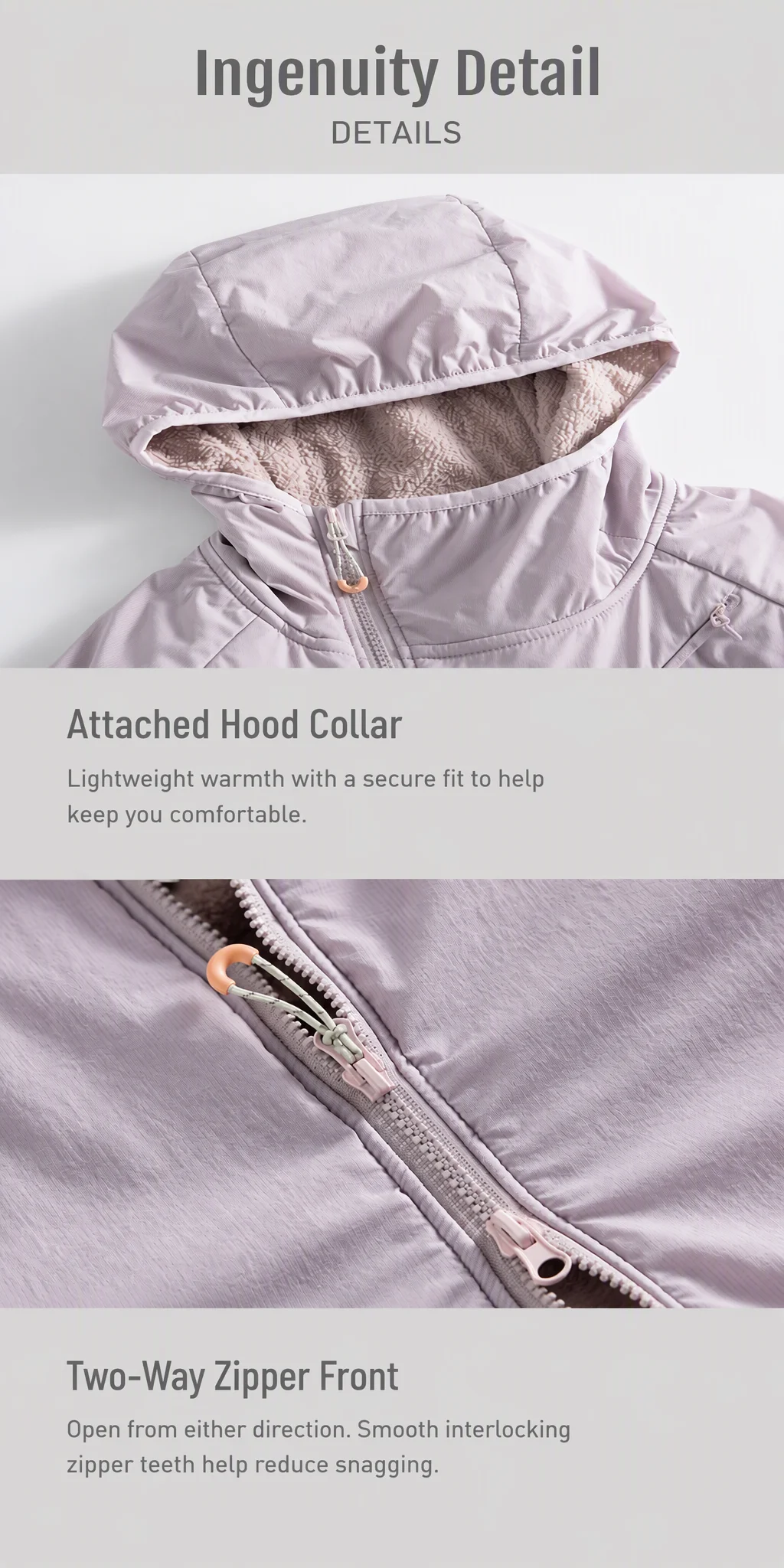 Attached hood collar and two-way zipper detail