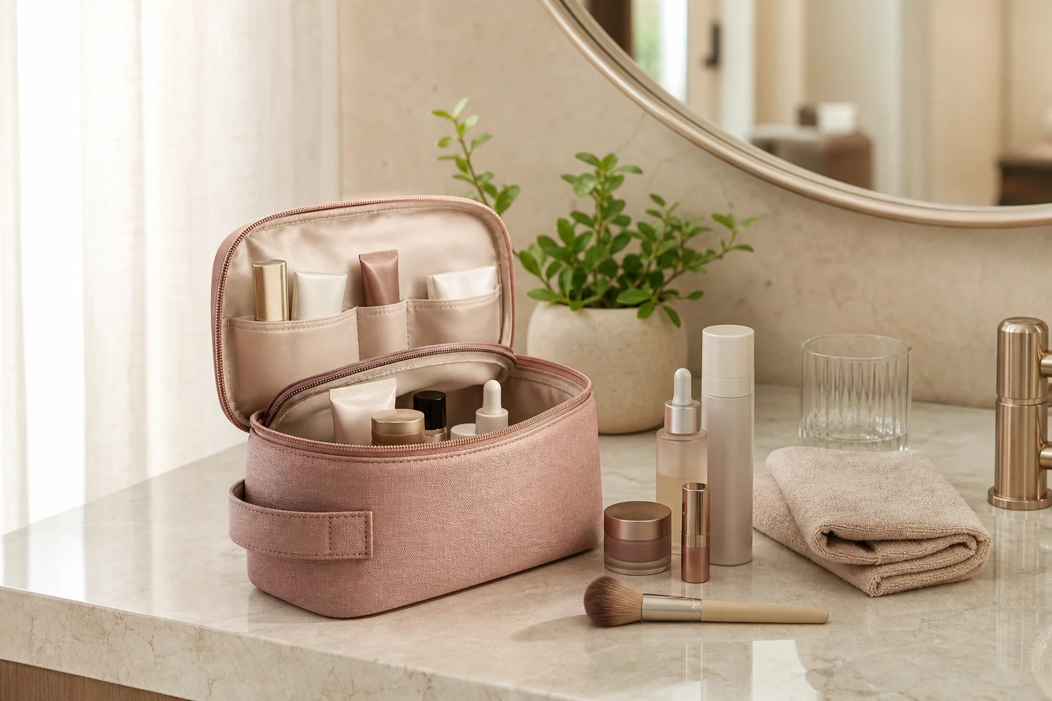 Unbranded cosmetic organizer open on a hotel bathroom vanity with generic unlabeled beauty containers