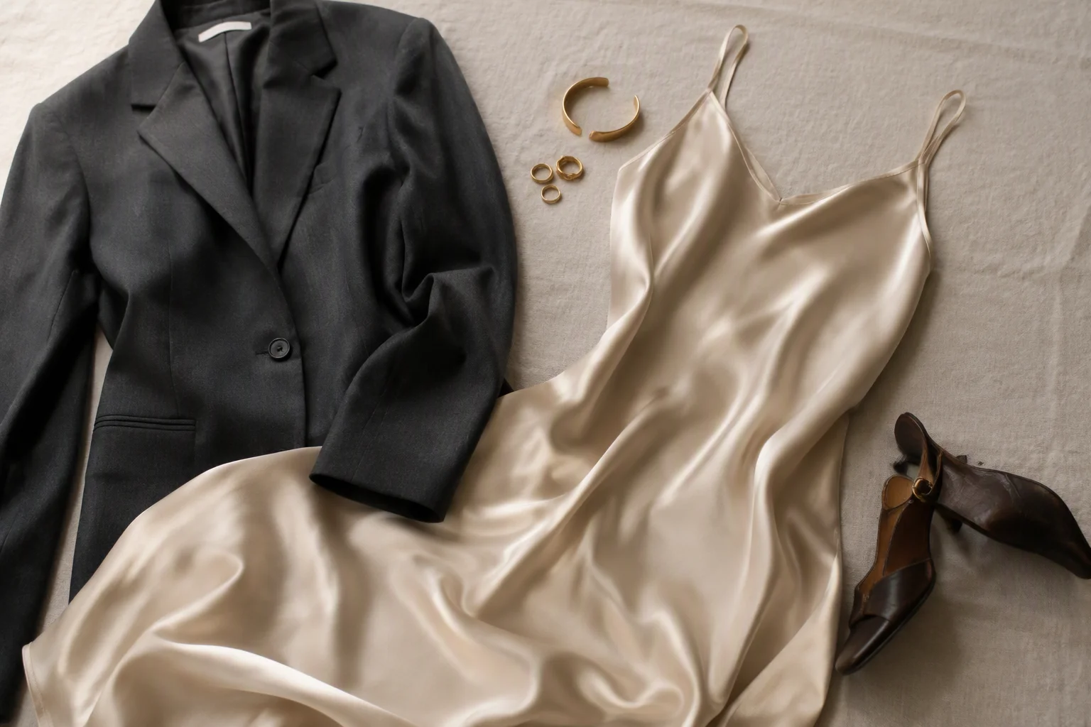 Desk to Dinner Minimalist Silk Slip Dress Styling Flatlay