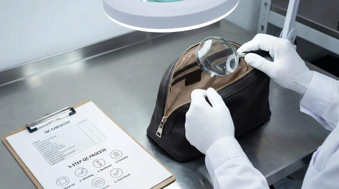 Professional QC inspector checking lining and custom zipper of a premium makeup bag