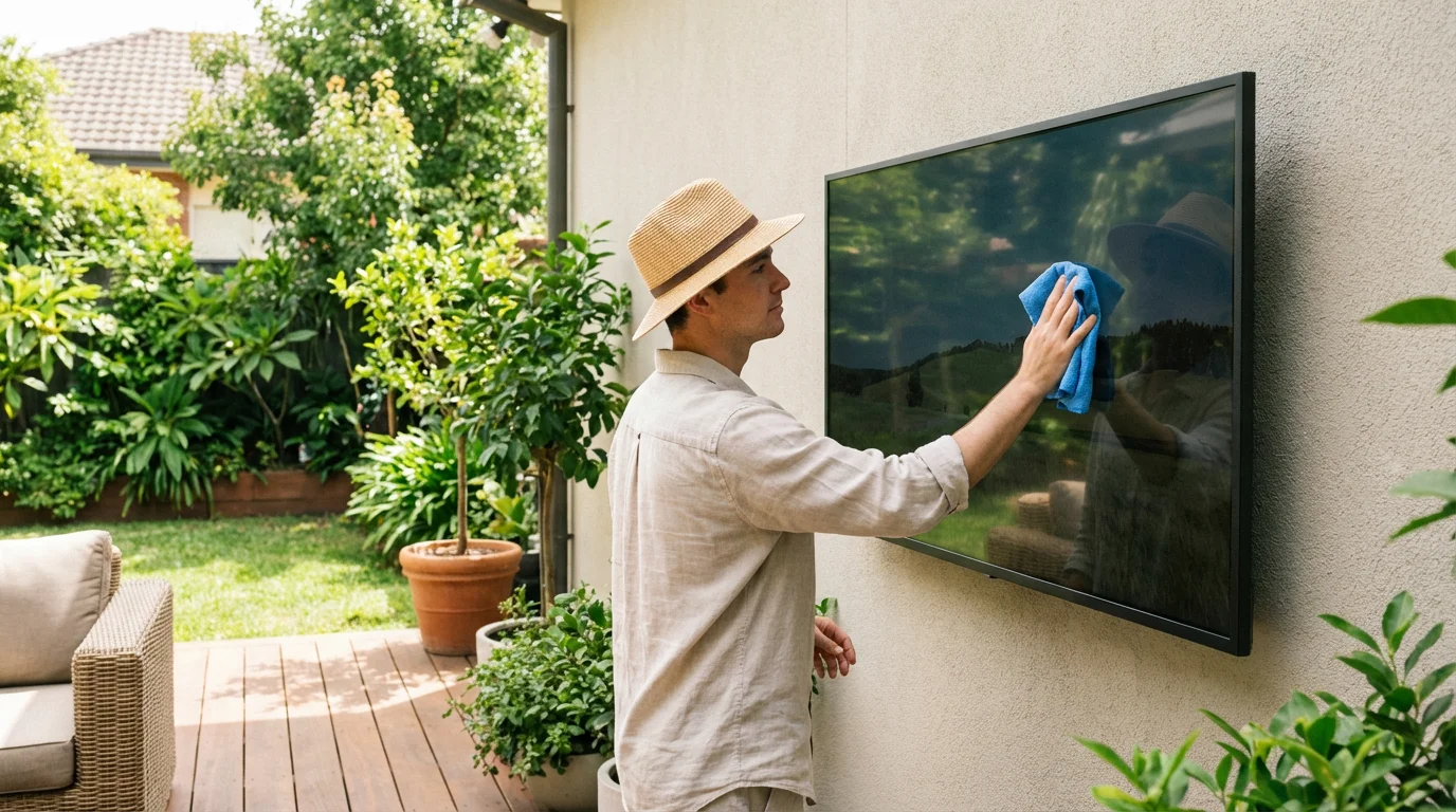 Person cleaning an outdoor TV screen with a microfiber cloth in a backyard setting