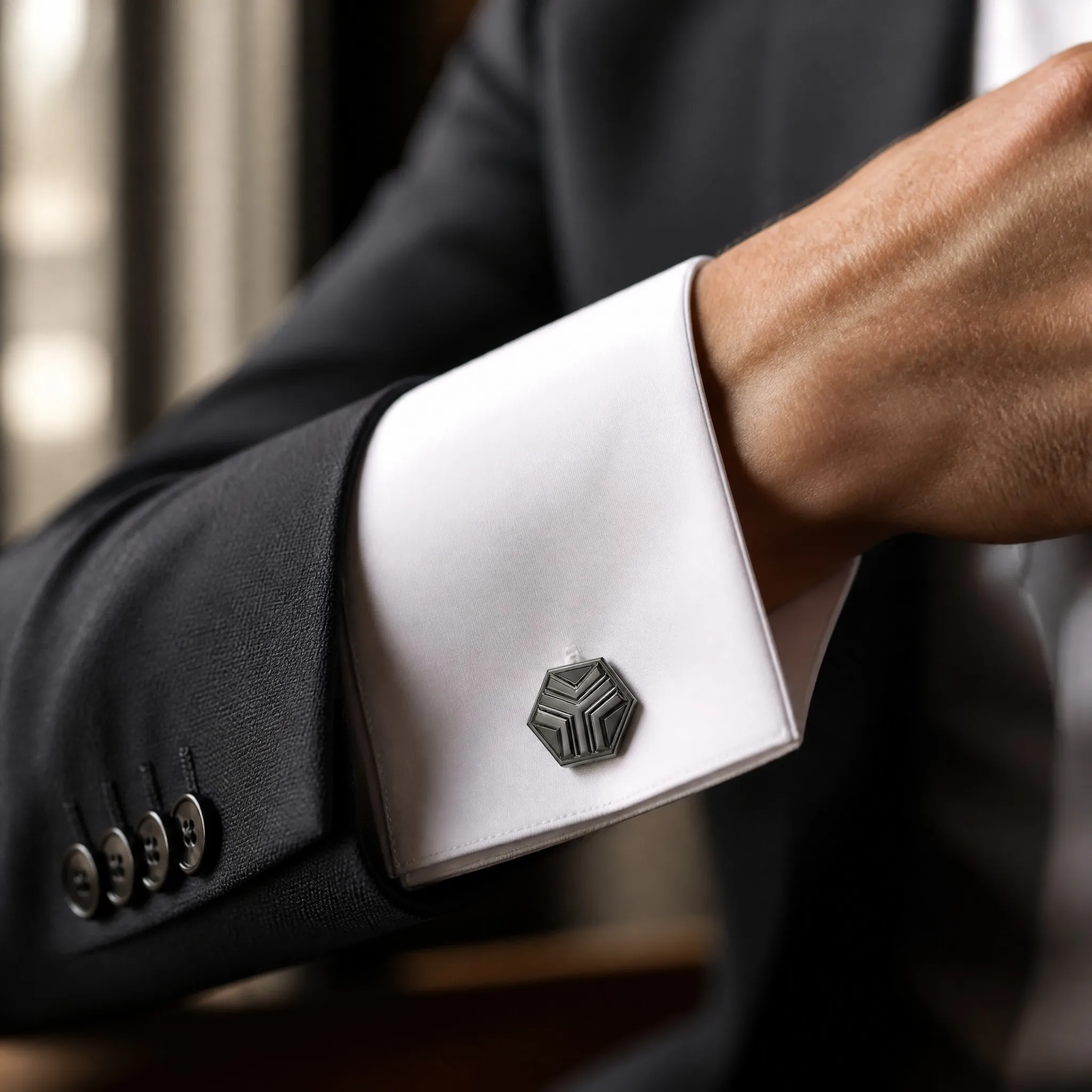 Gunmetal die cast cufflinks worn on white dress shirt cuff