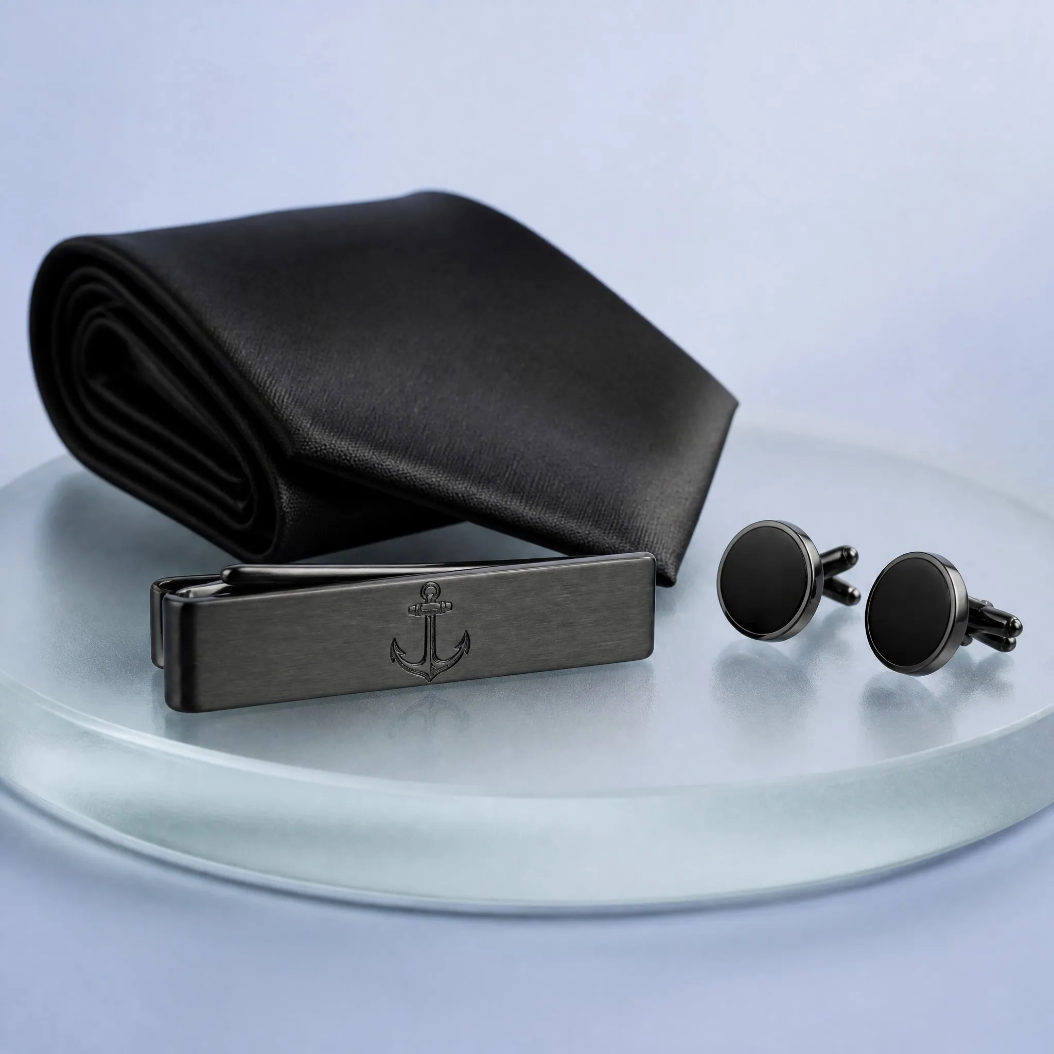 Laser engraved tie clip gift scene with tie and cufflinks