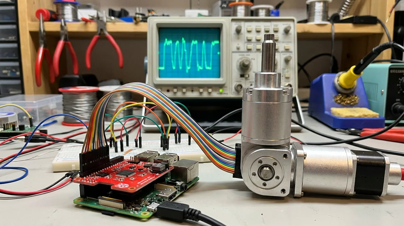 Exploded view of a silver robot joint module revealing internal motor, harmonic drive, encoder and control board