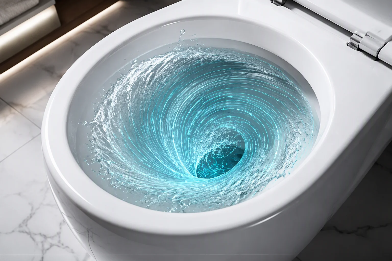 Figure 1: High-Speed Vortex Jetting Flow Dynamics & Water Surface Turbulence in Rimless Ceramic Toilet.