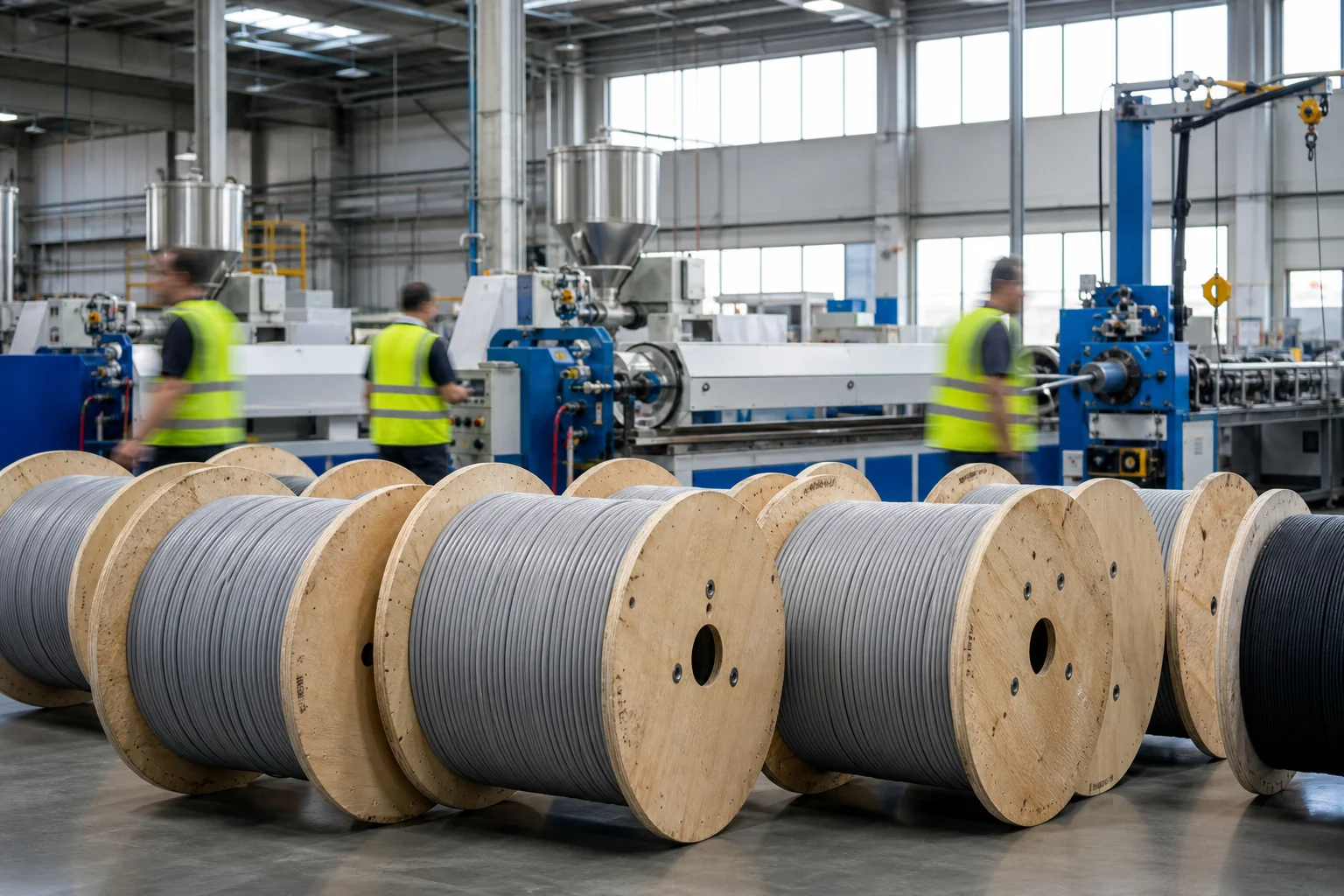 Cable manufacturing floor in the United States with large ethernet cable reels