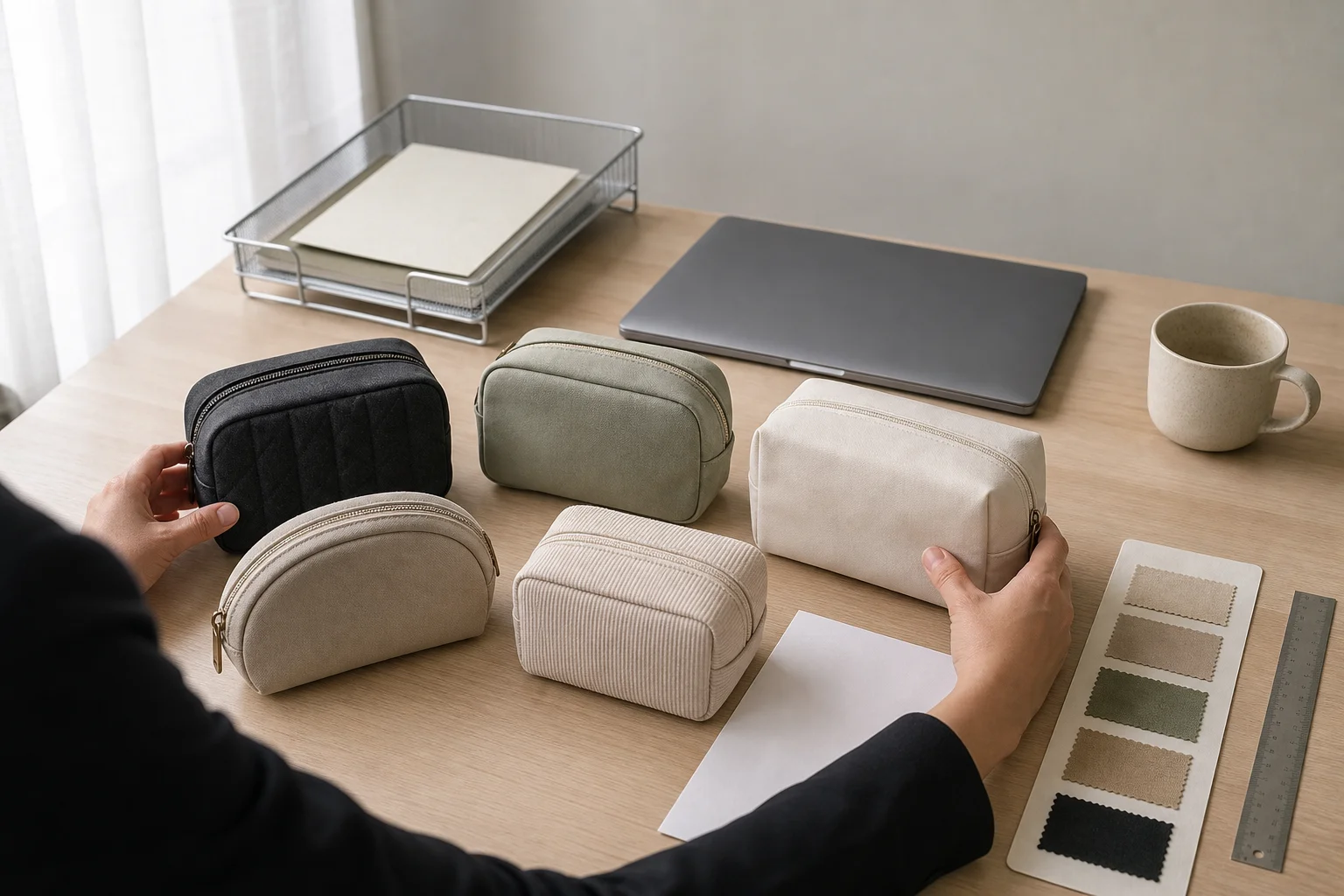 Unbranded cosmetic bag samples, fabric swatches and a blank checklist arranged for supplier evaluation