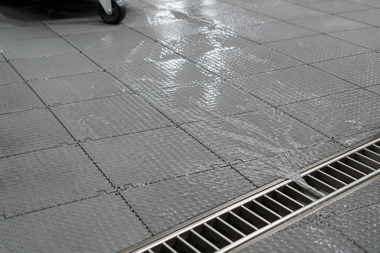Rinse water flowing across interlocking garage floor tiles toward a stainless floor drain channel
