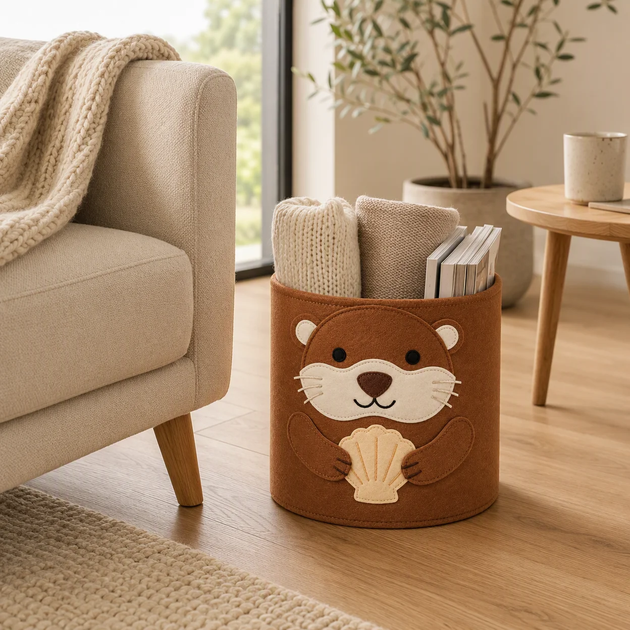 Felt storage basket on an oak floor beside a linen armchair holding folded throws and magazines in a warm living room