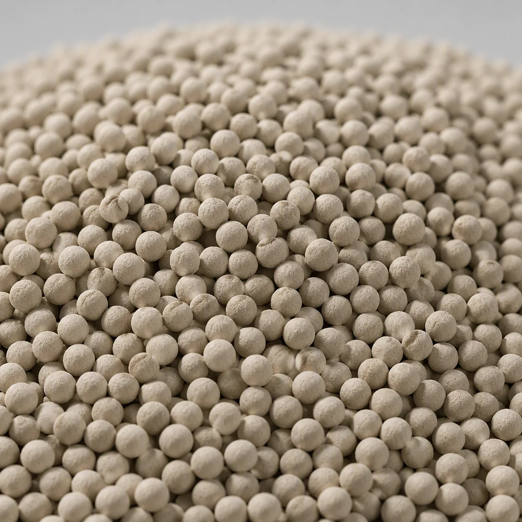 Macro close-up of uniform spherical clay cat litter granules with a matte surface
