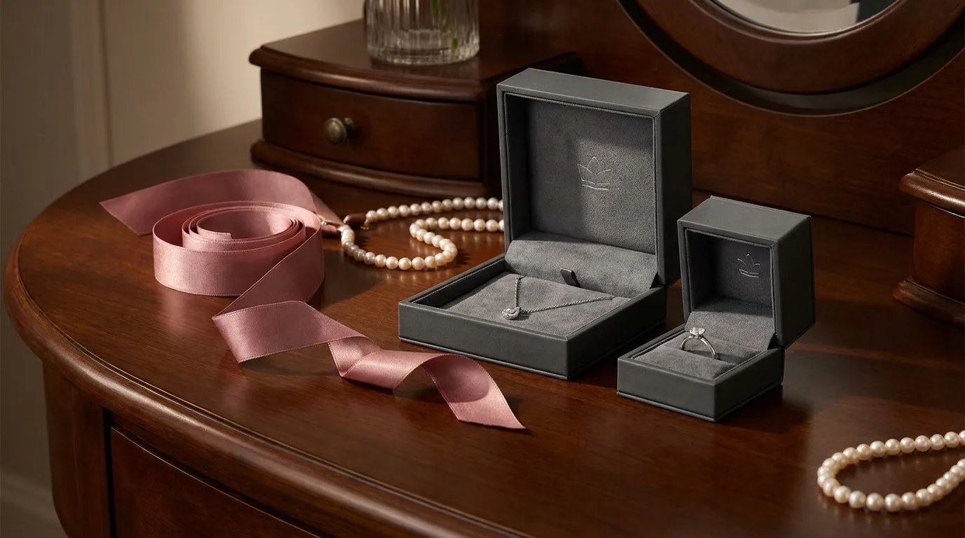 Matching luxury jewelry gift set with charcoal grey magnetic boxes and silver foil logos.