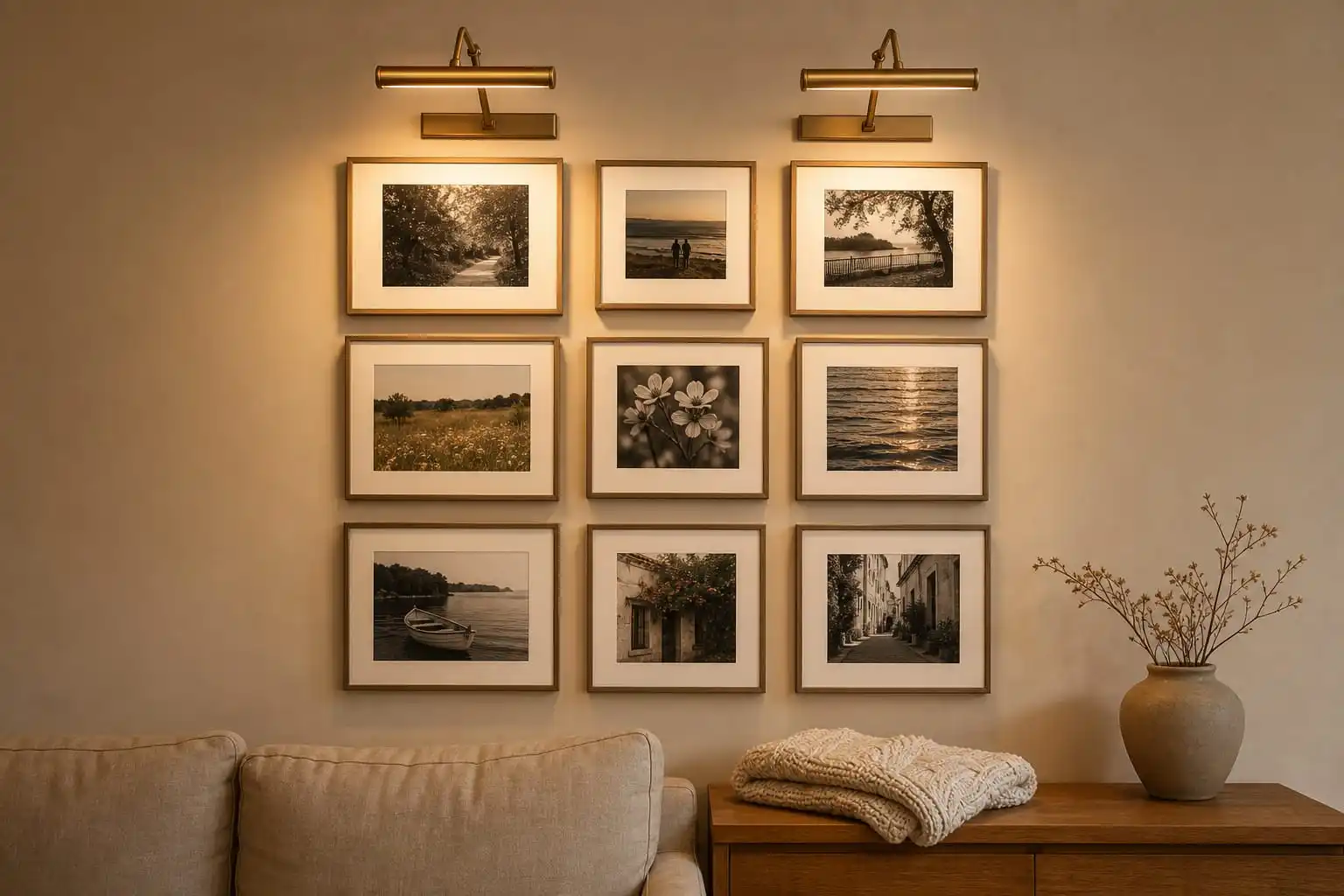 Seediq wireless picture lights evenly illuminating a grid photo wall over a living room sofa