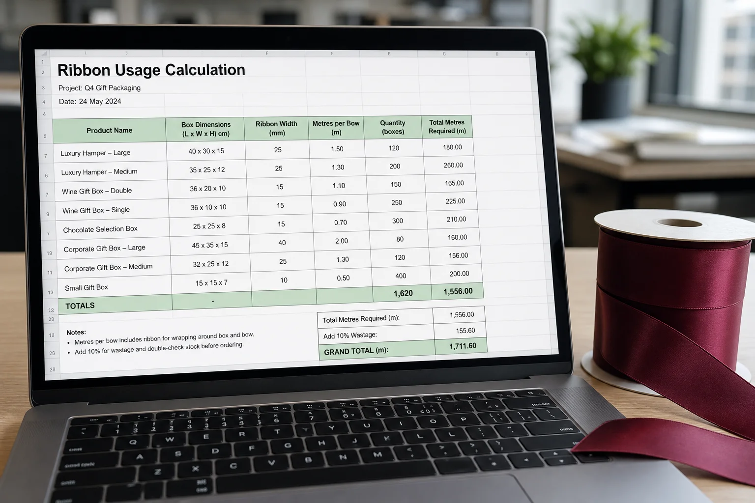 Ribbon usage calculation spreadsheet for commercial gift wrapping programme