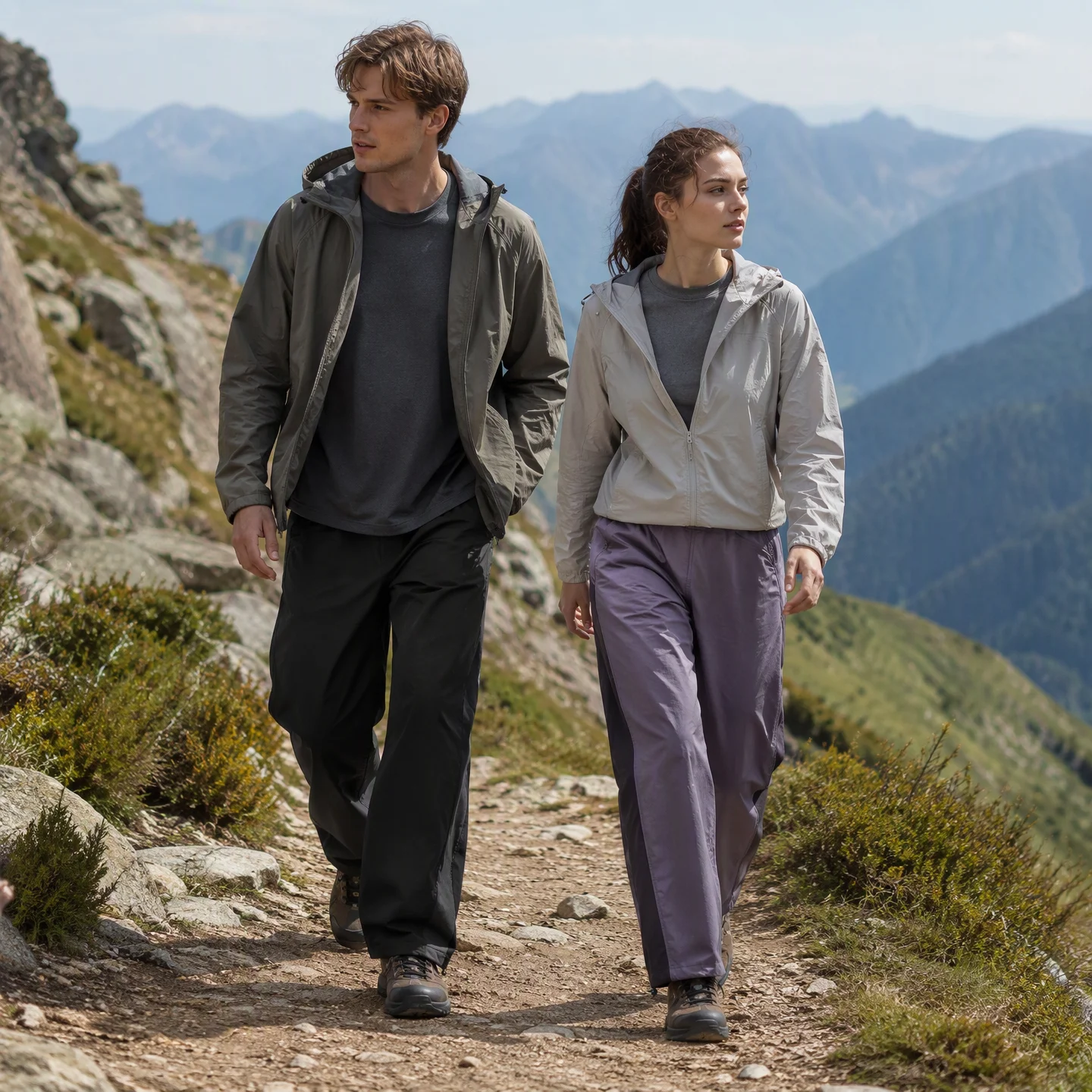 Two adult outdoor models wearing black and smoky purple utility pants on a mountain hiking trail