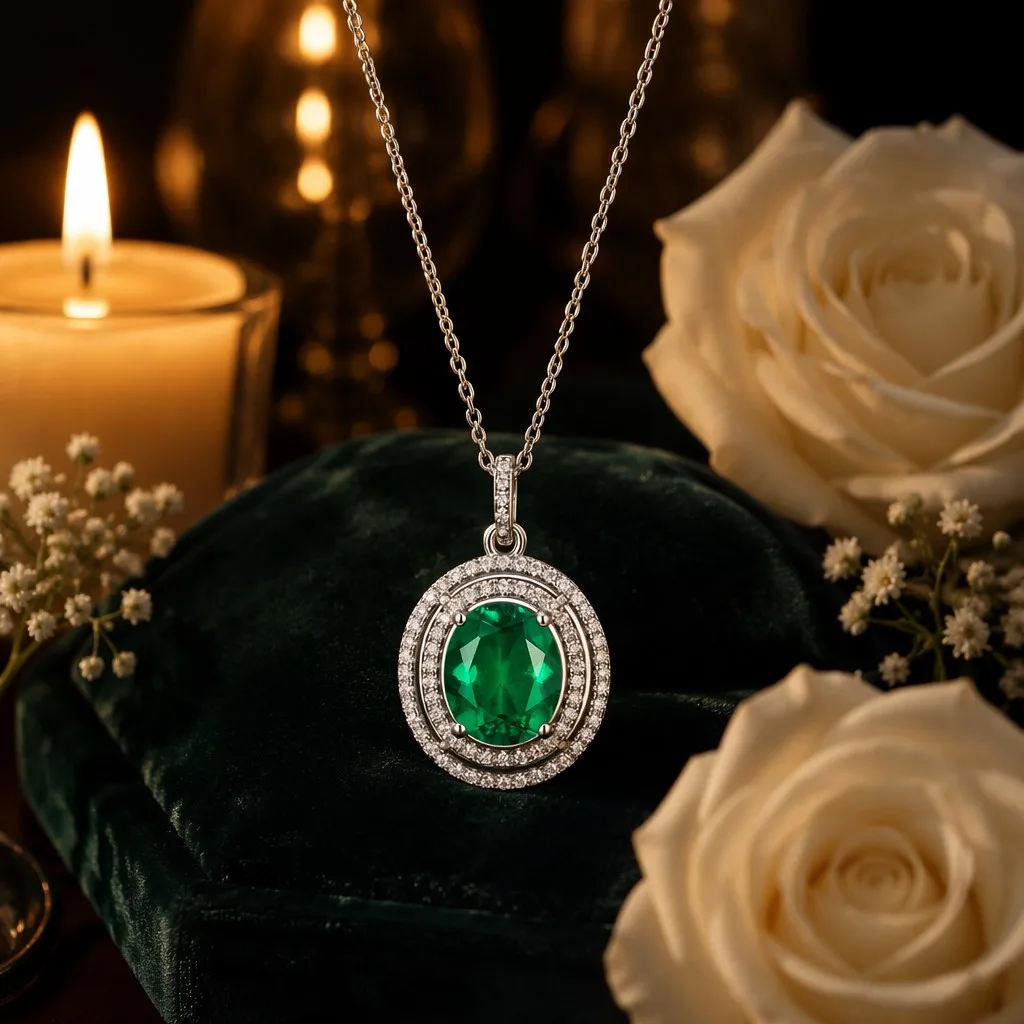 Oval Emerald Double Halo Luxury Link Chain Pendant Necklace 925 Sterling Silver Gold Plated Gemstone Jewelry Women Wedding Gift