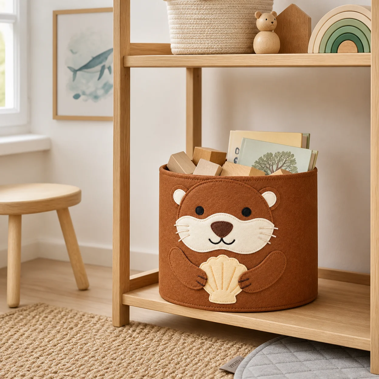 Camel felt storage basket sitting on the low shelf of a light oak playroom unit holding wooden blocks and picture books