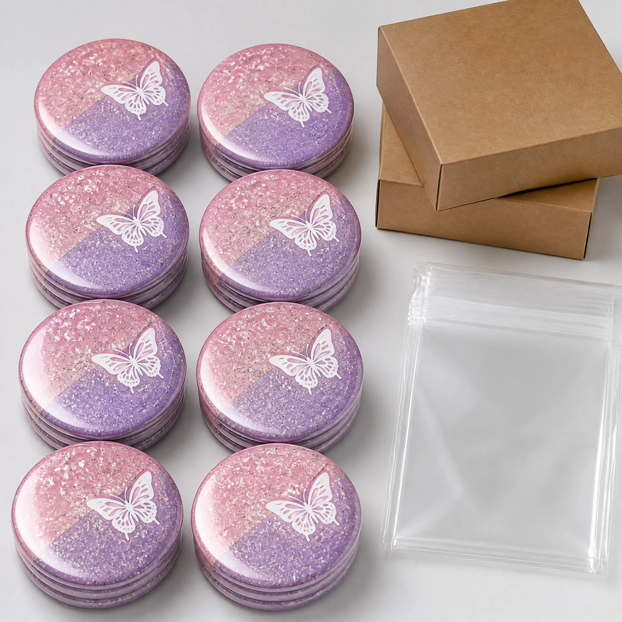 Bulk packaging of glitter pin back button badges