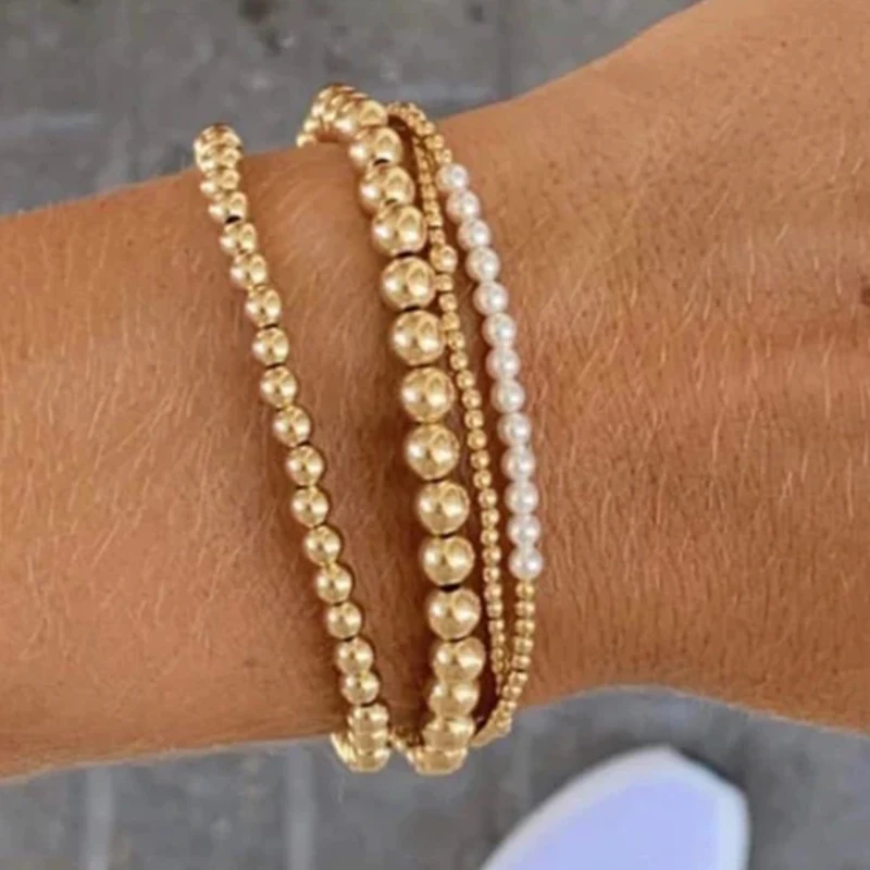 Stock Round 2/4/6MM Gold Beads Bracelet 18K Gold Plated Bead Stainless Steel Pearl Bracelet for Women Mens Jewelry