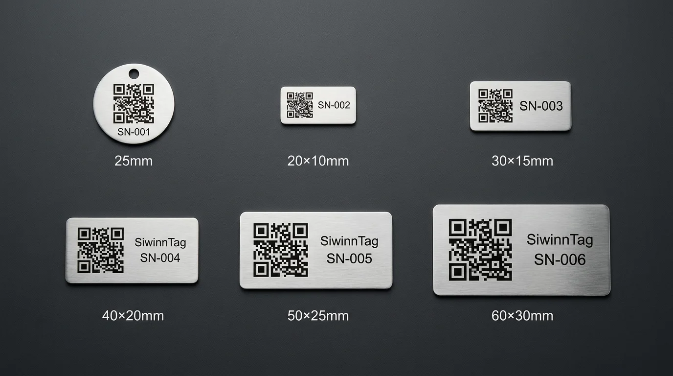 SiwinnTag product range — 6 sizes including round and rectangular
