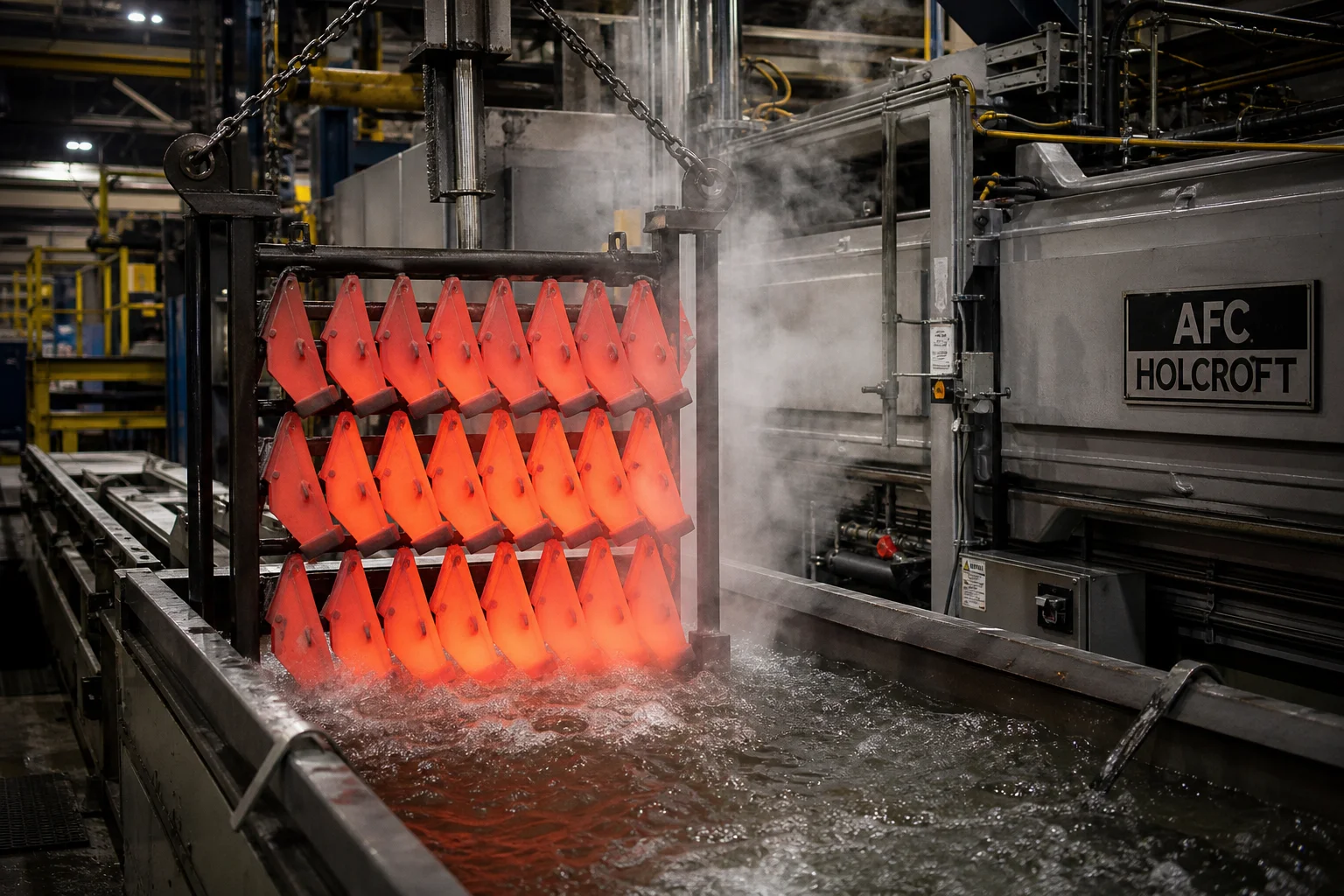 Automated industrial heat treatment quenching line immersing cast plow points into quench tank