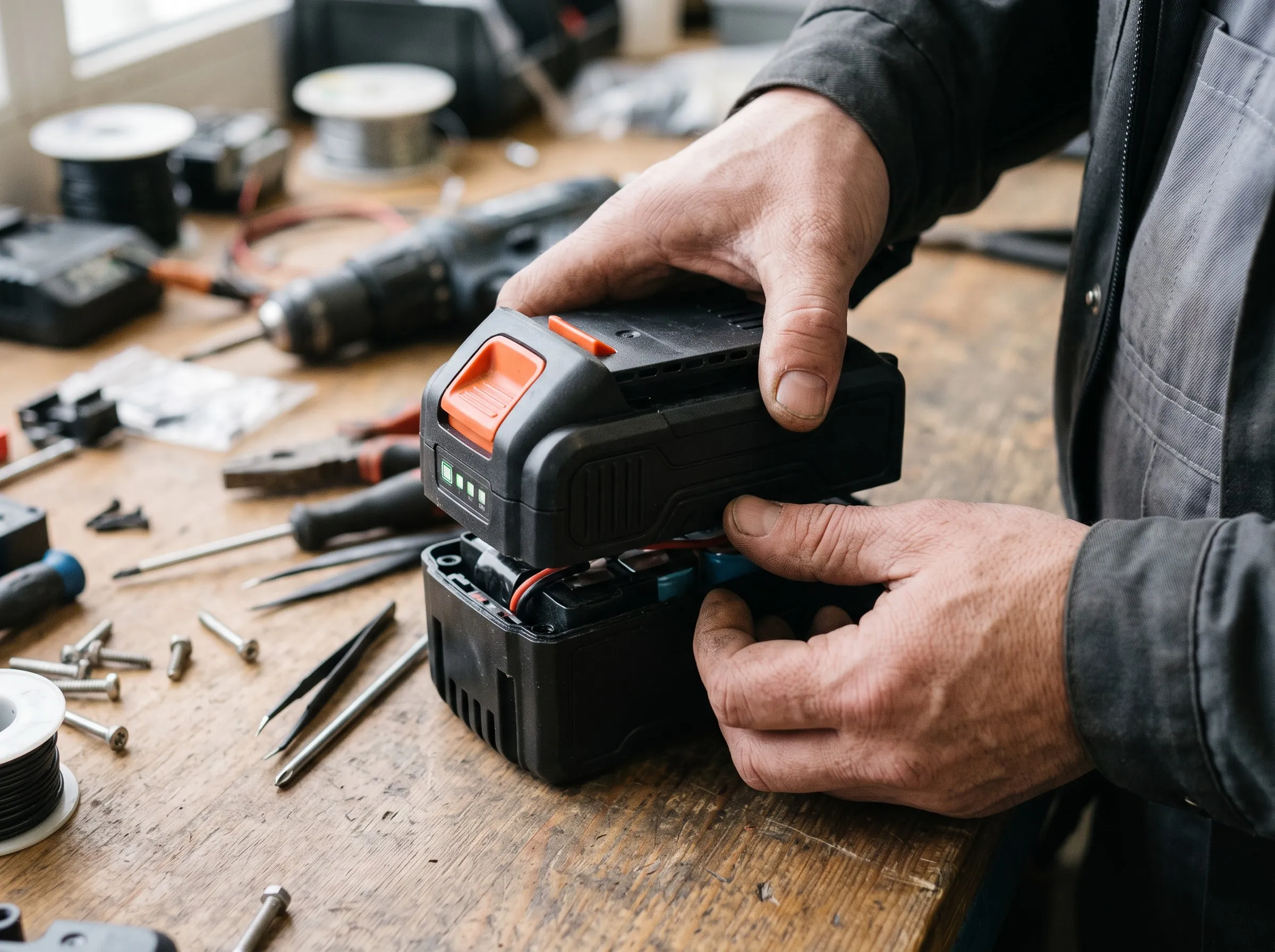 Hands assembling a power tool battery pack case