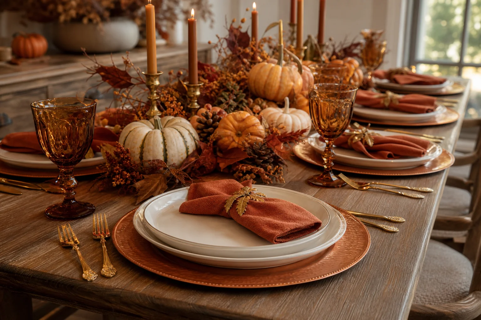 Thanksgiving table with copper charger plates and autumn centerpiece