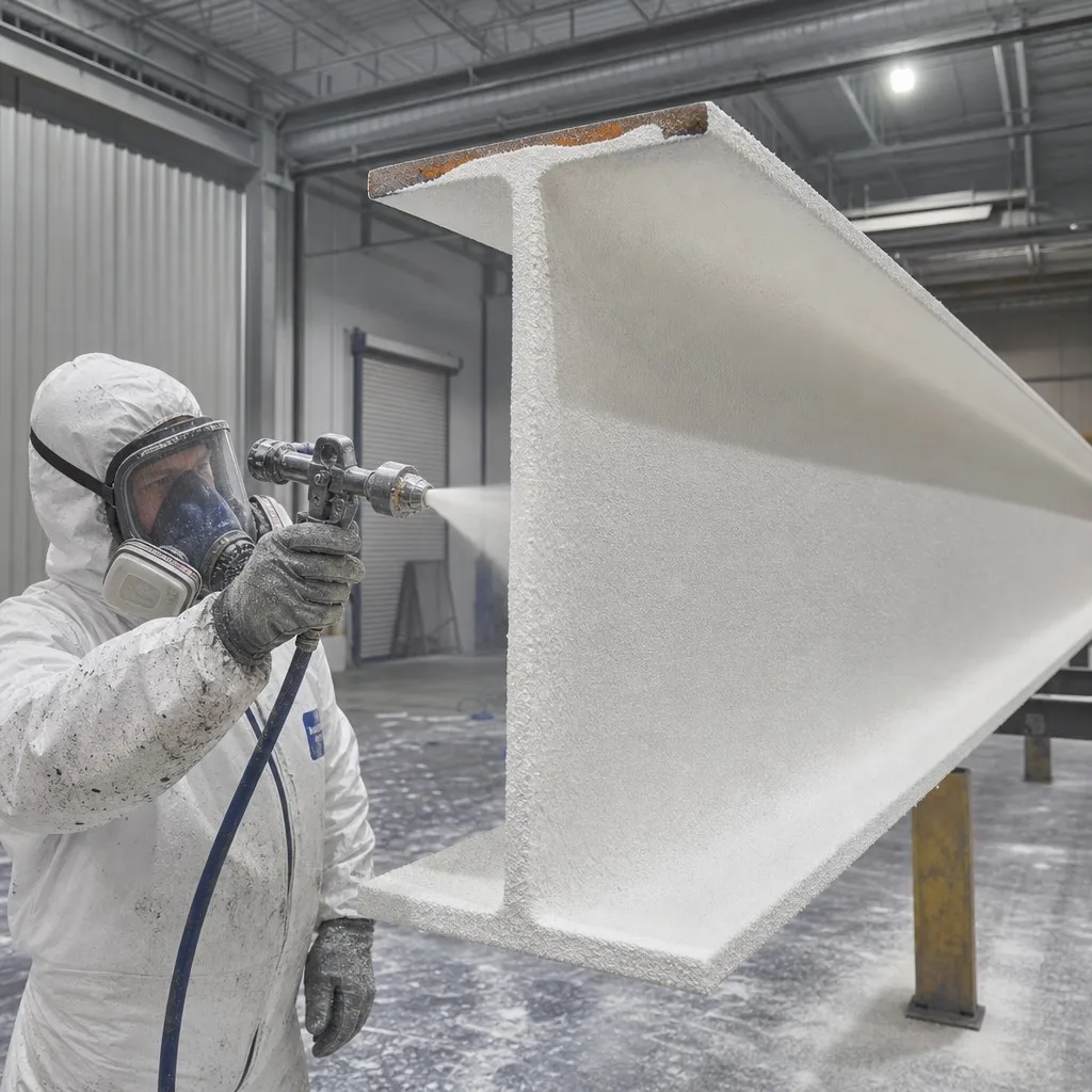Applying intumescent fireproofing in a professional fabrication workshop