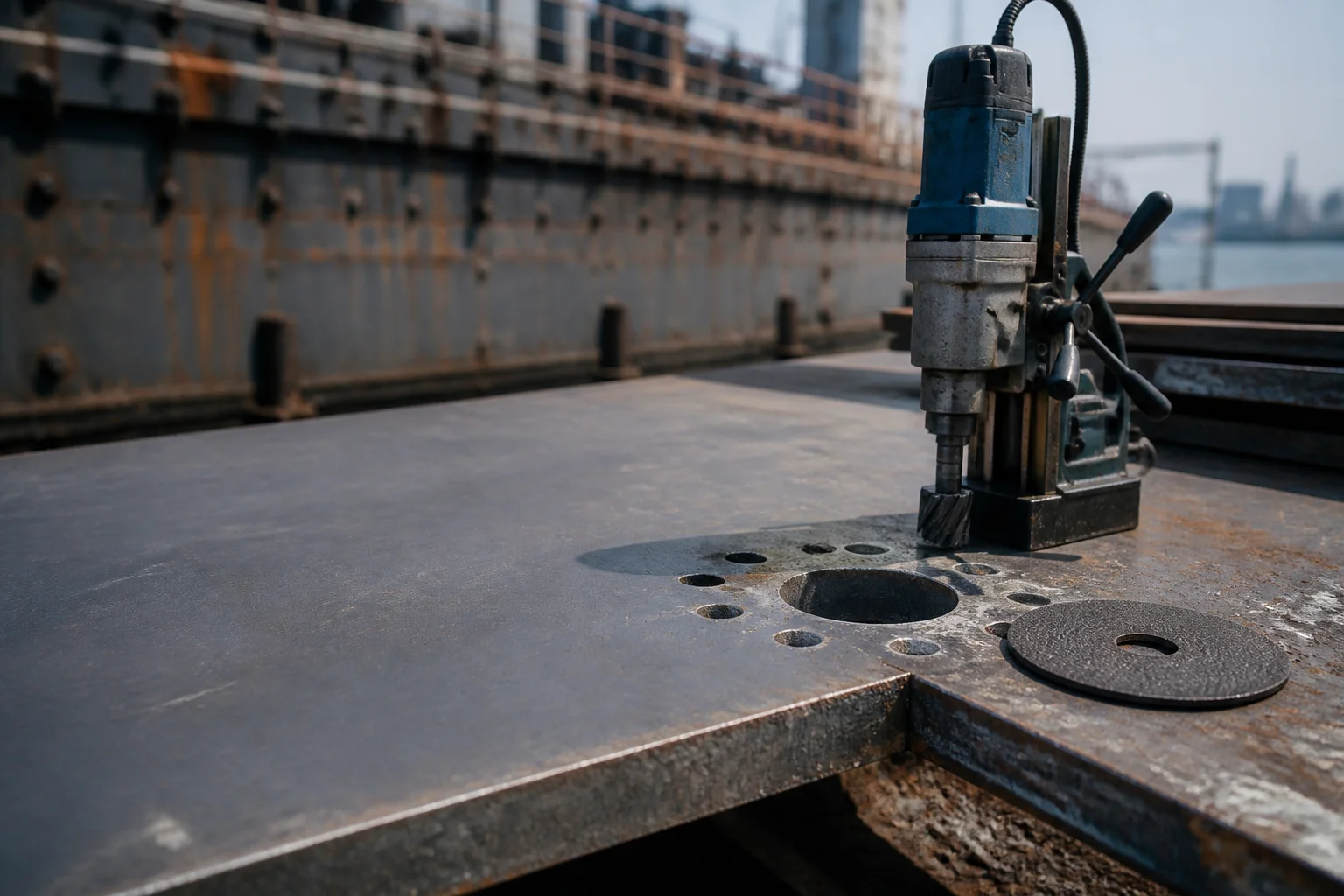Shipyard steelwork bench with a thick steel plate drilled with a ring of holes, a portable magnetic drill and a cutting disc