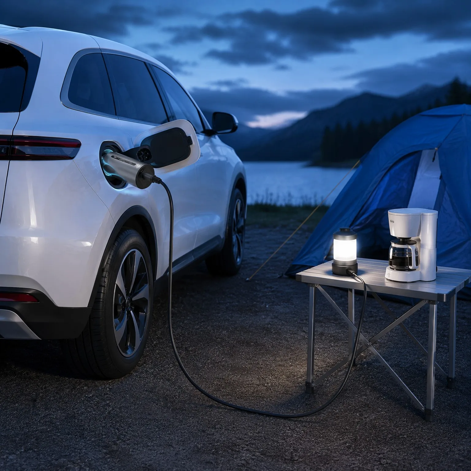 Blue-hour camping scene with a V2L adapter powering a lantern and coffee maker from an electric SUV