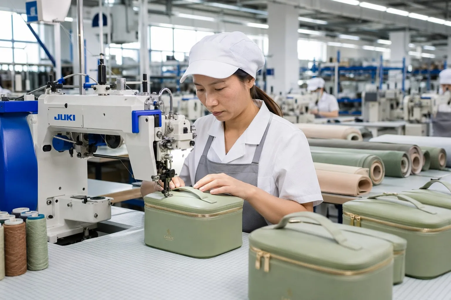 Skilled worker precisely branding a custom luxury cosmetic bag on a professional production line