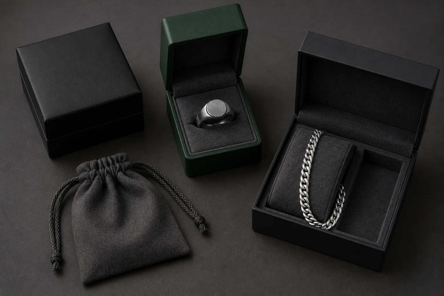 Overhead flat lay of men's jewelry packaging on a dark charcoal surface: a closed matte black rigid box, an open dark green box with a charcoal suede insert holding a signet ring, a watch and jewelry box with a suede cushion carrying a heavy link chain, and a charcoal fabric drawstring pouch