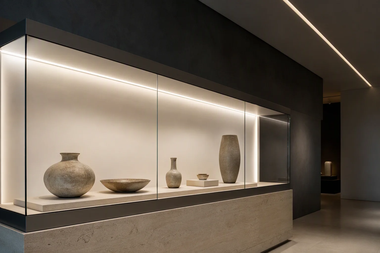 COB LED strips concealed in a museum display case and architectural ceiling slot