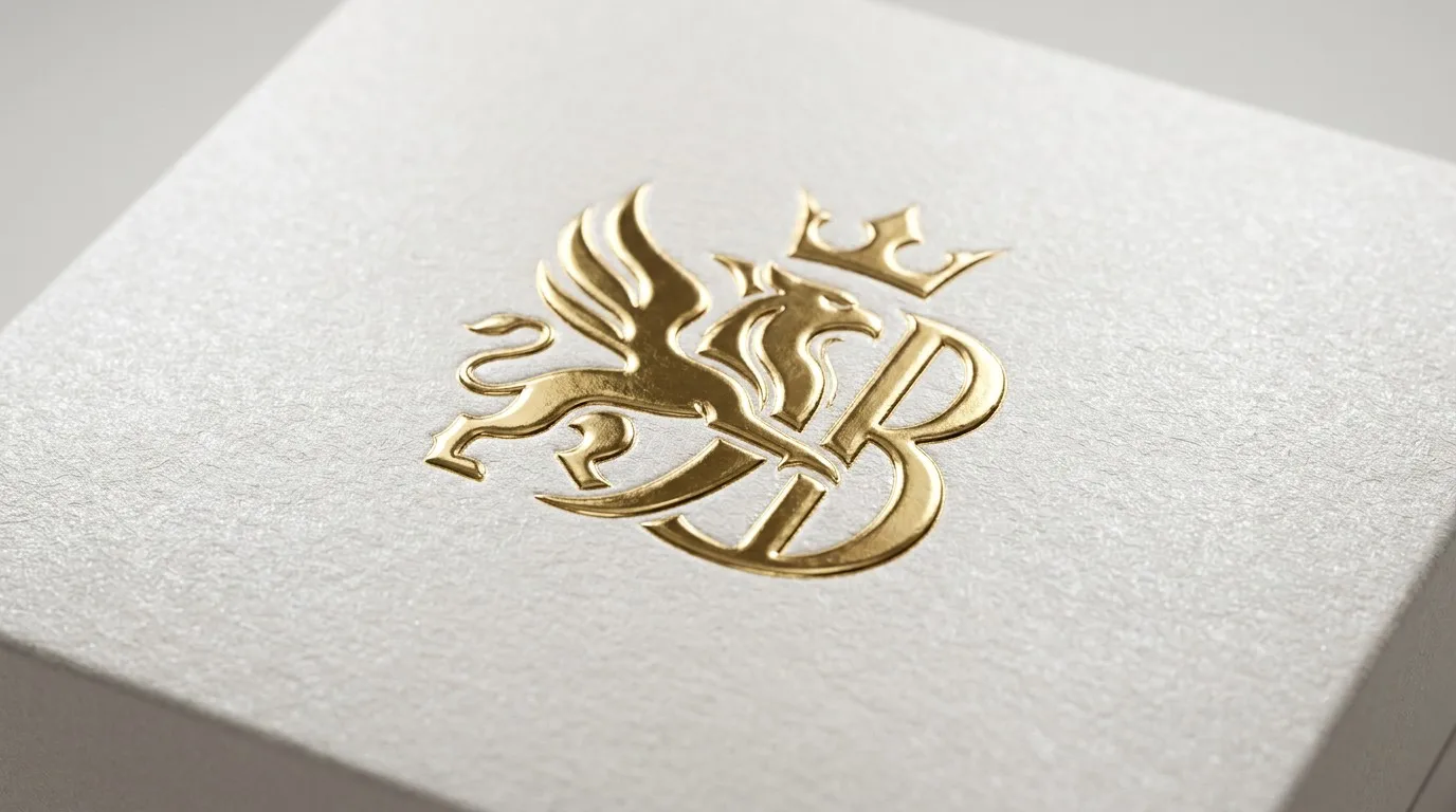 Macro close-up of a 3D raised embossed gold logo on shimmering pearl-white textured paper.