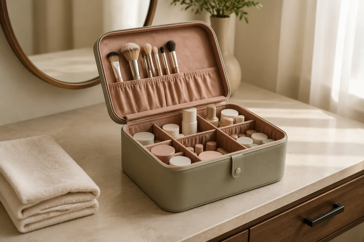 Unbranded multi-compartment cosmetic organizer open on a boutique vanity with plain beauty containers