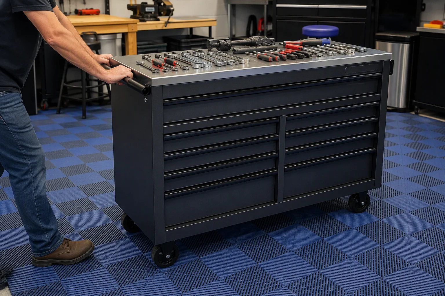 Loaded rolling tool chest moving smoothly across interlocking garage floor tiles
