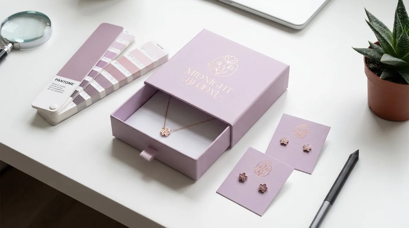 Finished product showcase of the Midnight Bloom lilac and rose-gold cardboard jewelry box set.