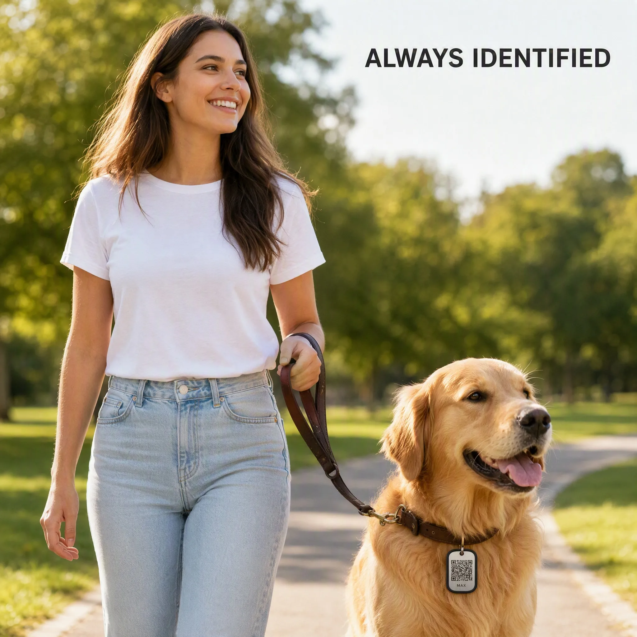 Pet owner walking her golden retriever wearing the QR dog tag - Lifestyle