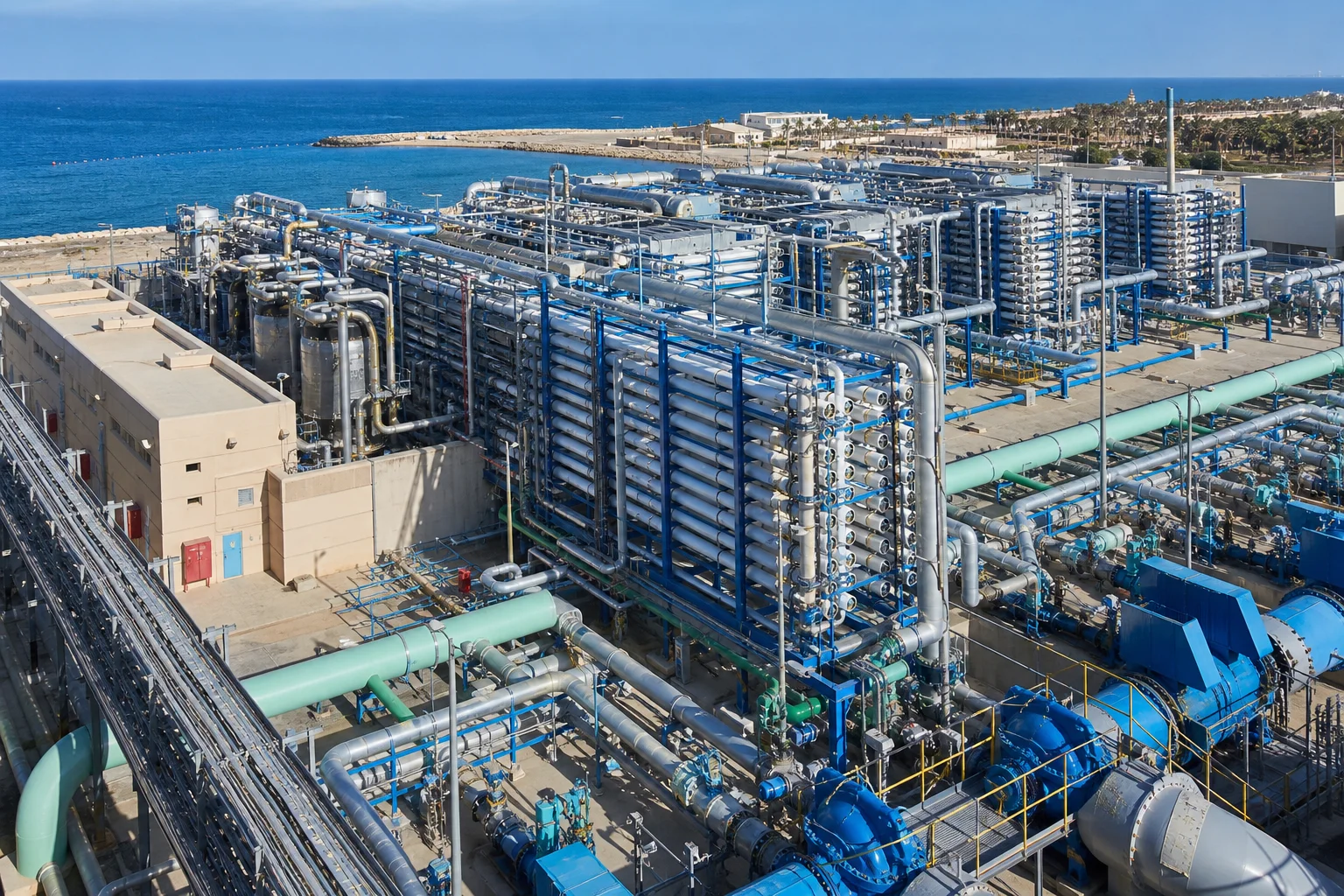 Modern seawater reverse osmosis SWRO desalination plant with large valve manifolds