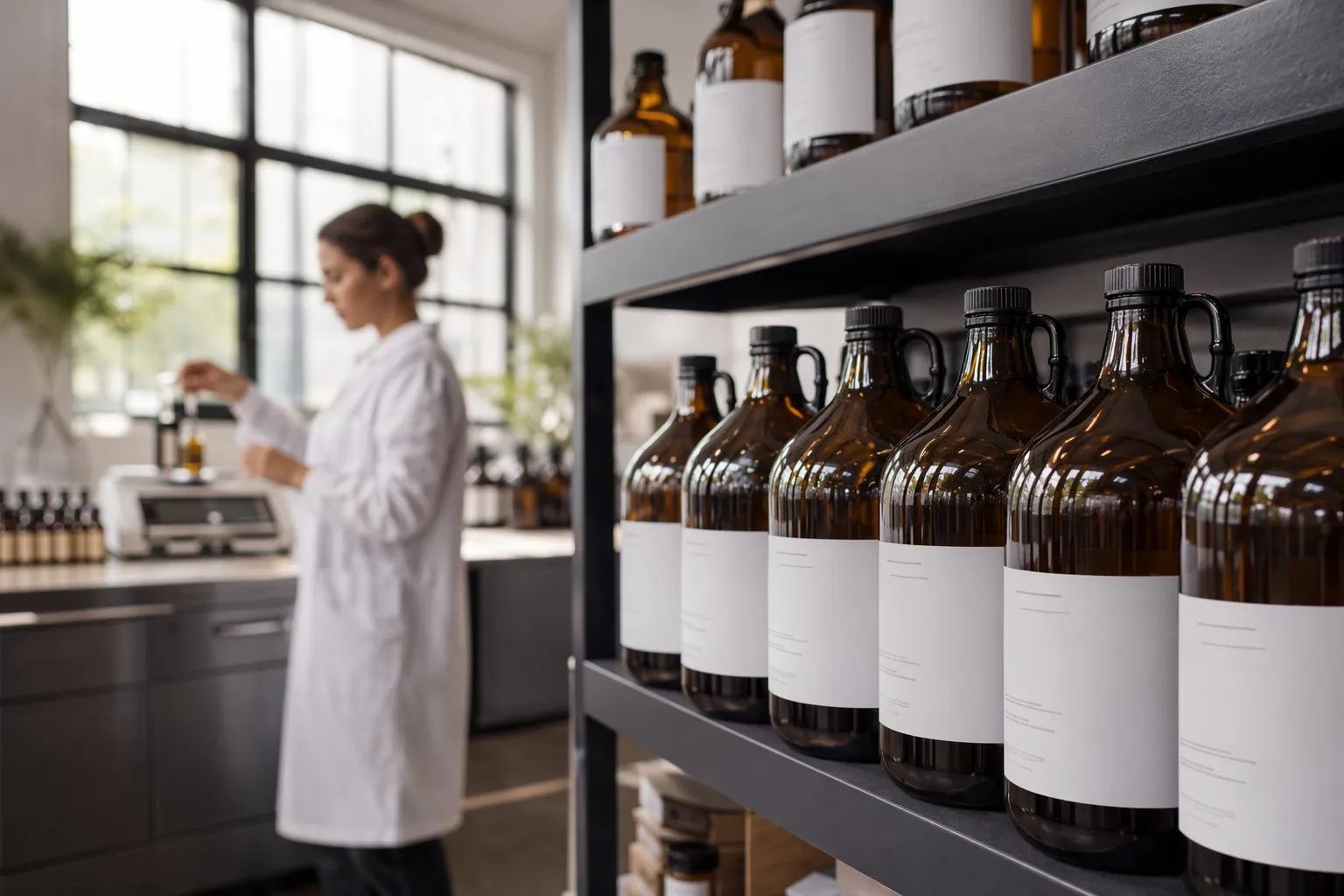 industrial bulk essential oils in professional laboratory