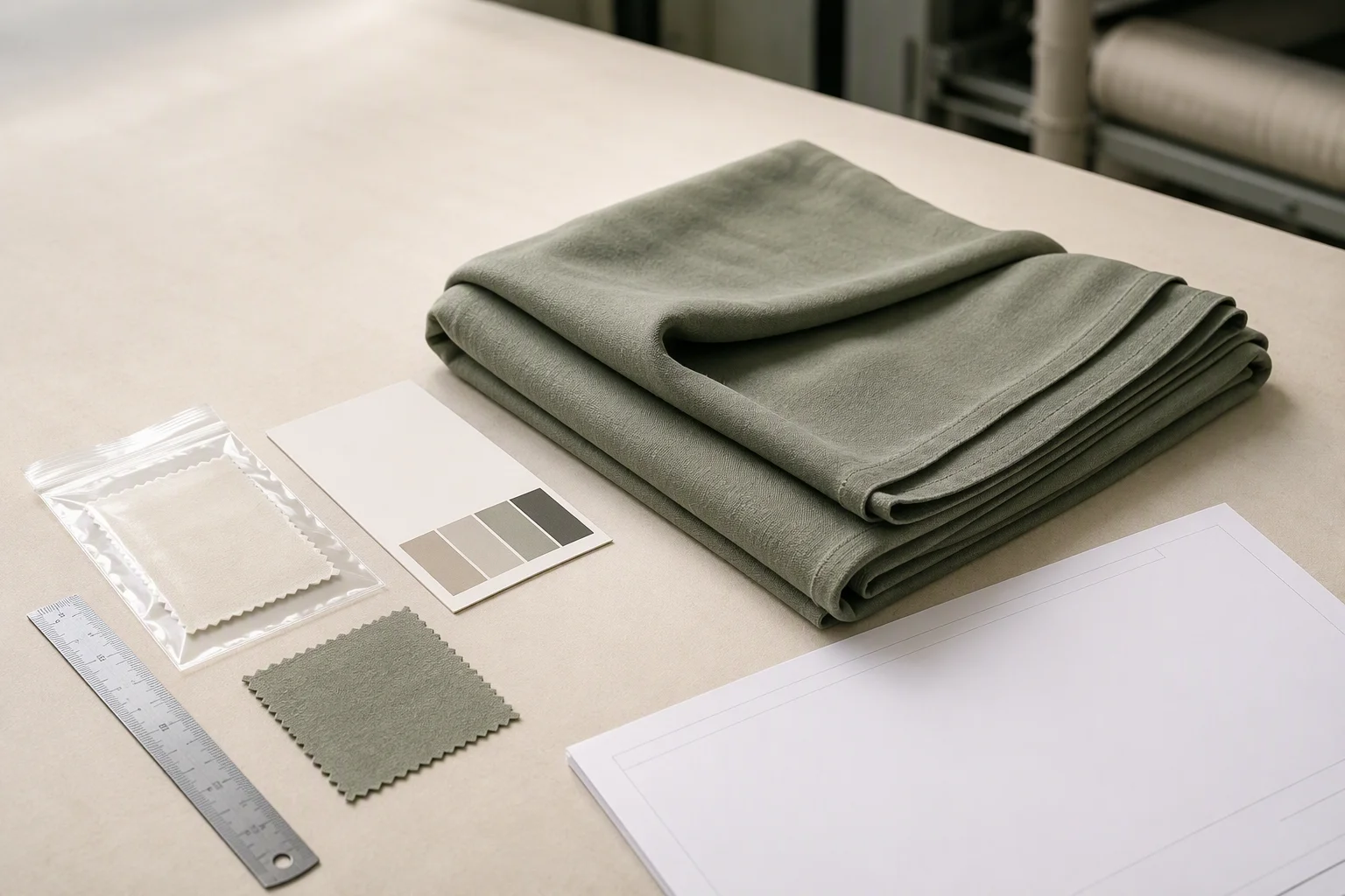 Modal hijab and textile wash-testing tools on a factory quality inspection table