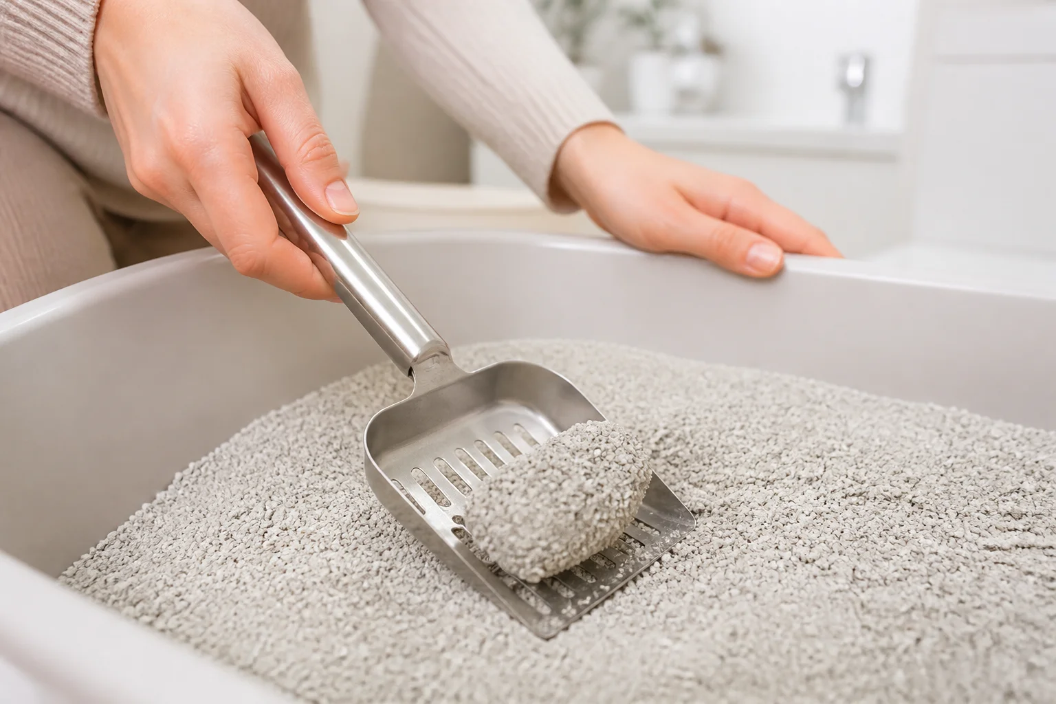 Hands using a stainless steel scoop to clean a litter box