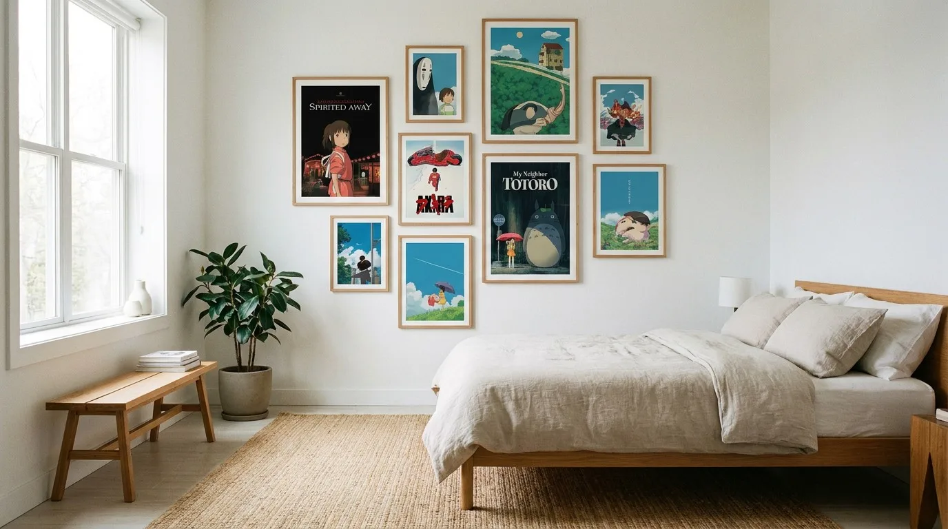 Minimalist anime poster gallery wall with framed art prints arranged in modern bedroom with natural light