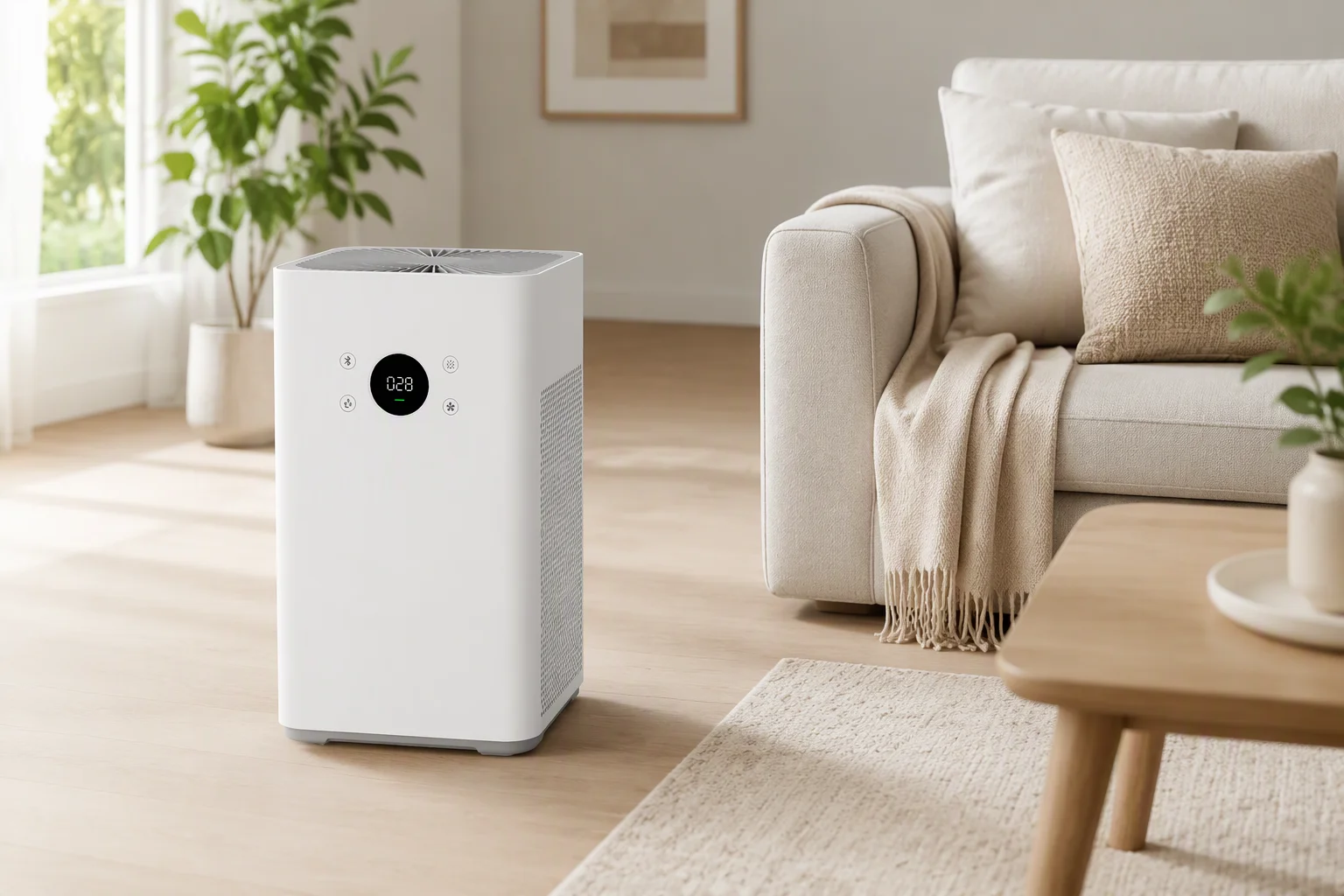 Tower air purifier standing beside a sofa in a bright living room