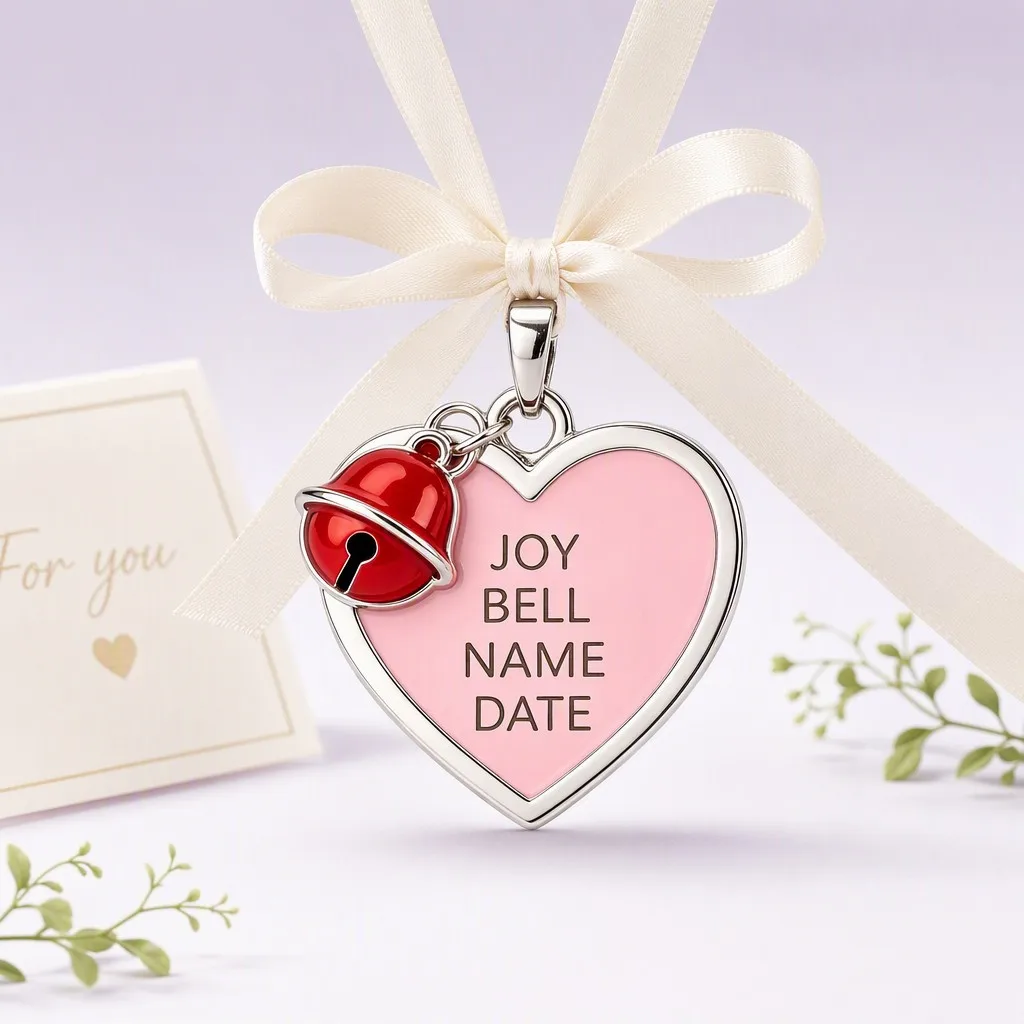 Pink heart pet dog tag with red bell on lavender studio backdrop