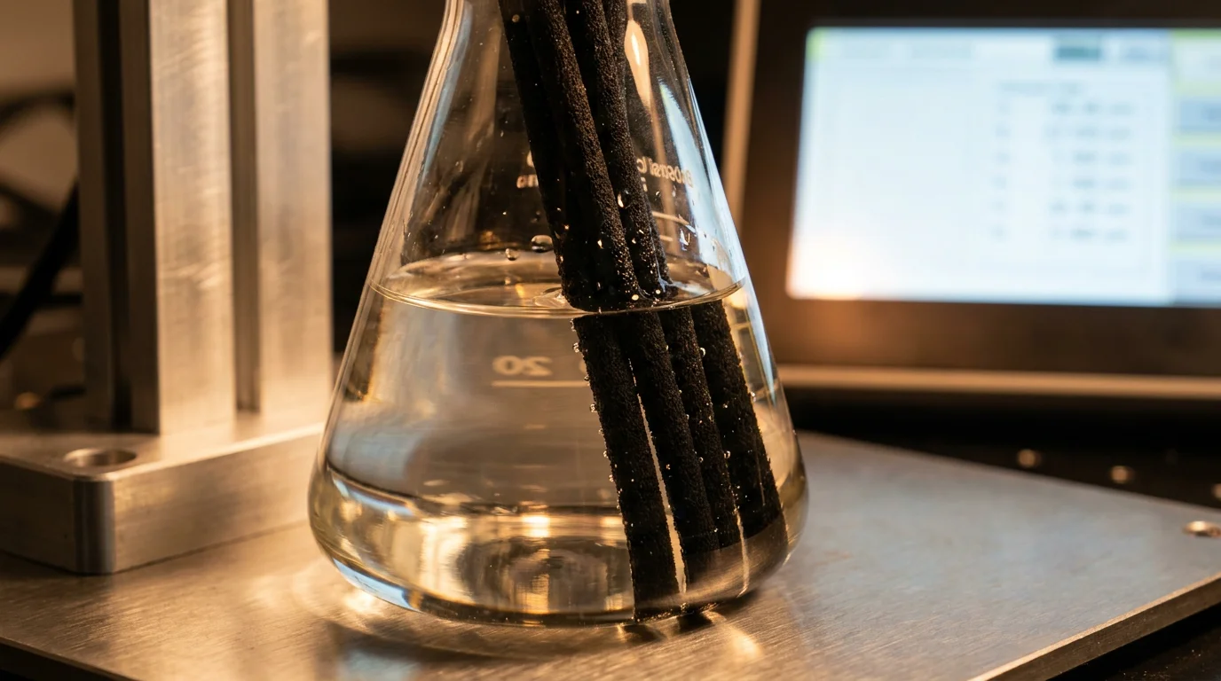 Close-up of fiber reeds submerged in clear fragrance solution highlighting capillary engineering