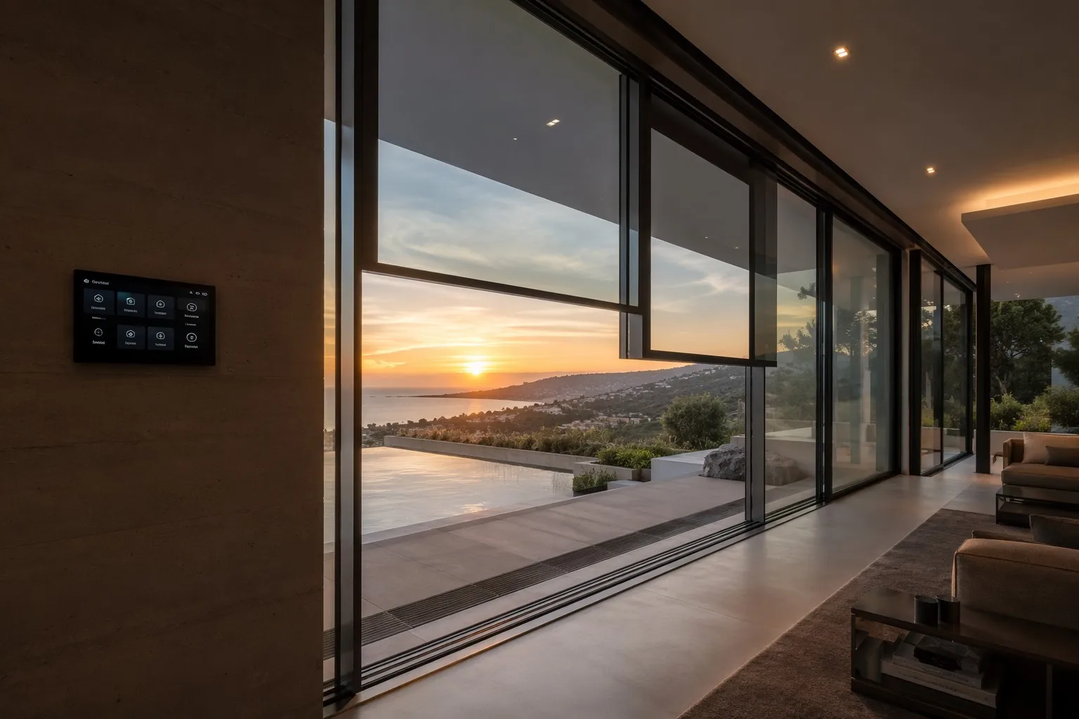 Futuristic luxury smart home with floor-to-ceiling intelligent electric windows automated control