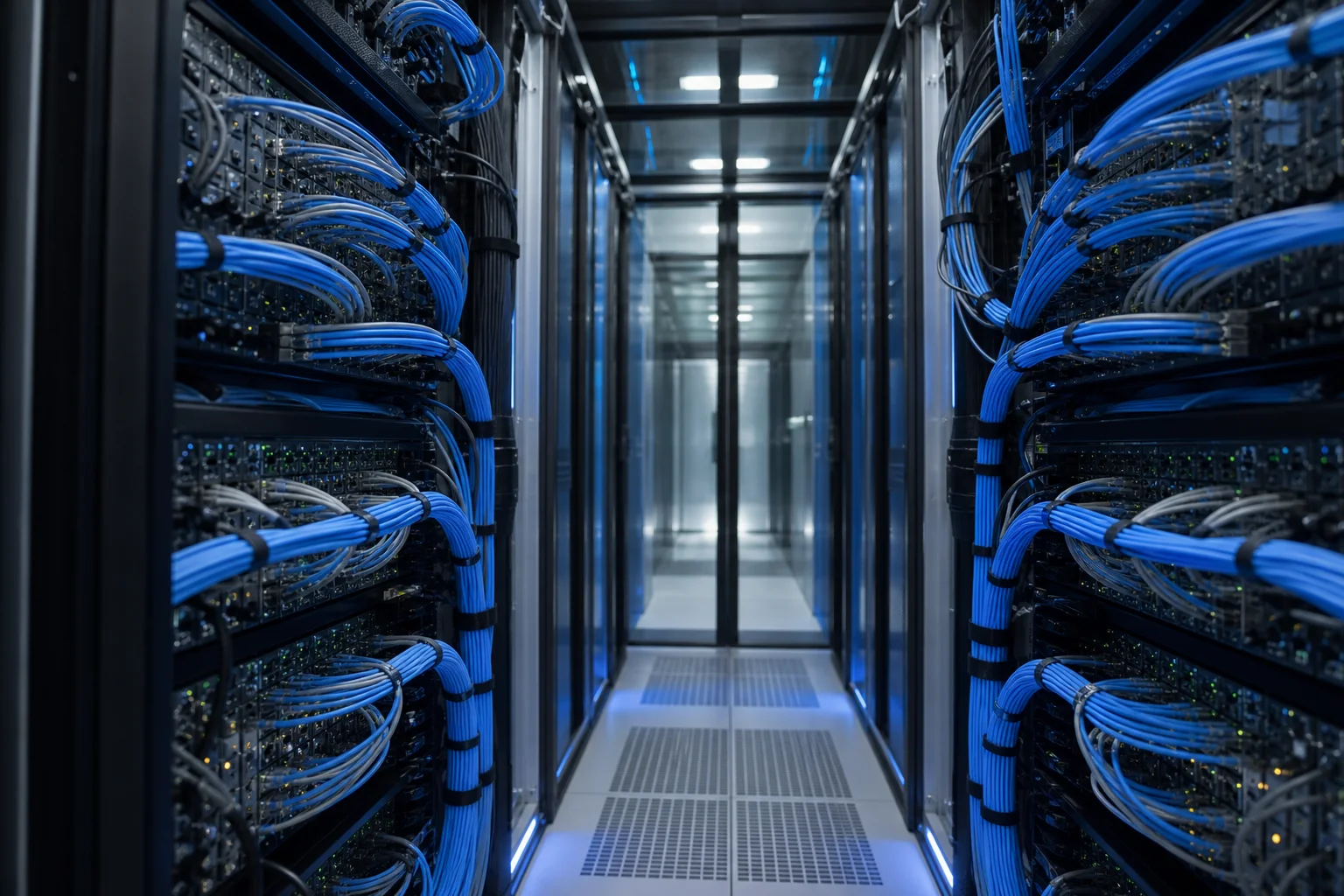 Data center aisle with neat bundles of patch cables routed to network switches